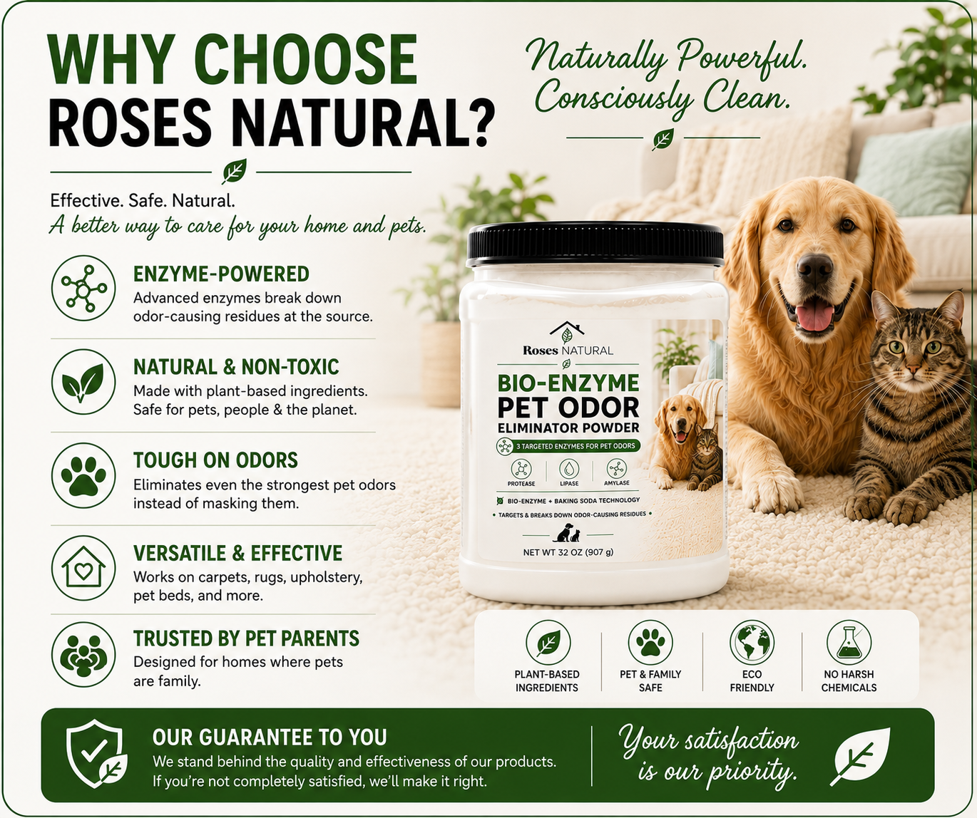 Roses Natural Bio-Enzyme Pet Odor Eliminator Powder