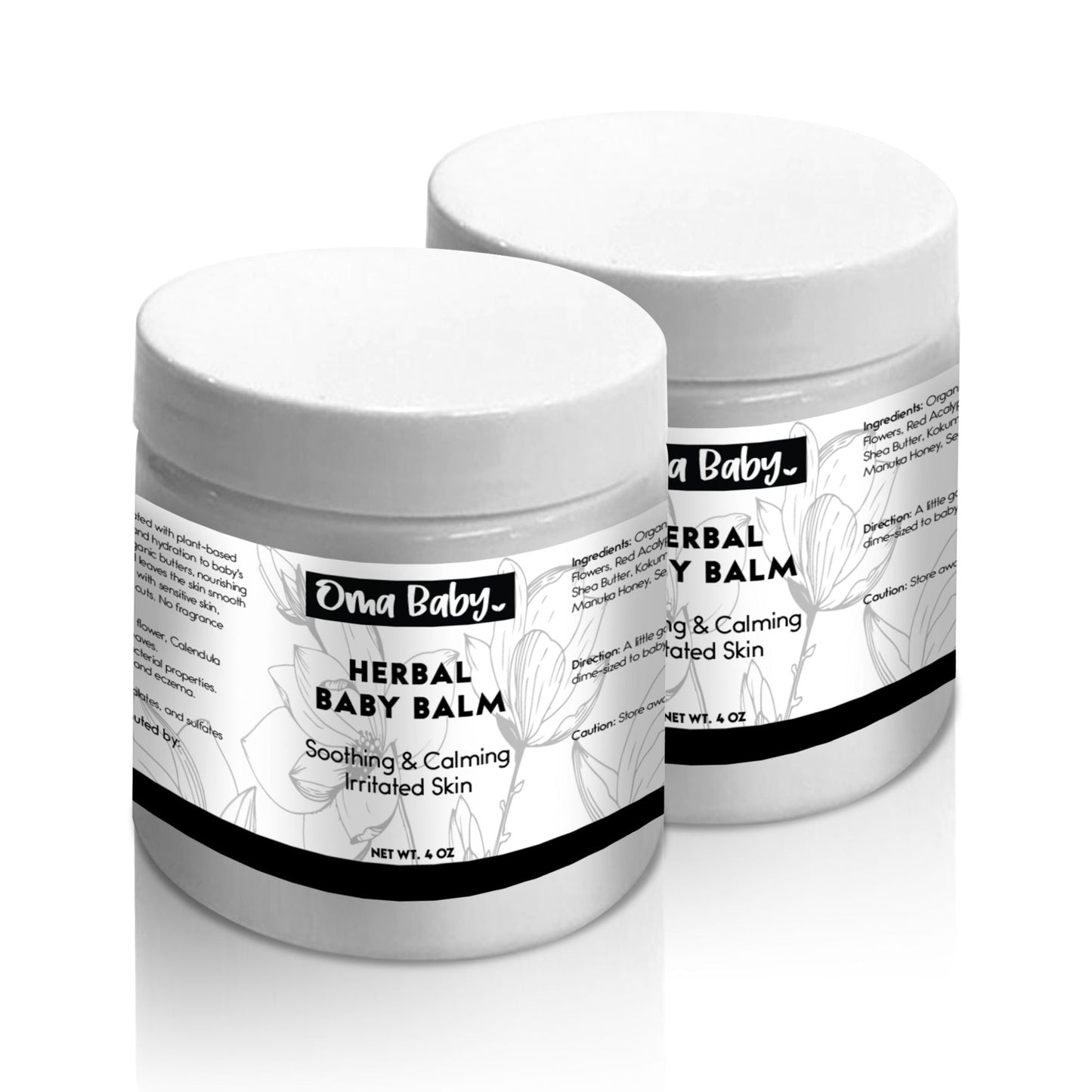 Two jars of Oma Baby Herbal Baby Balm on a white background