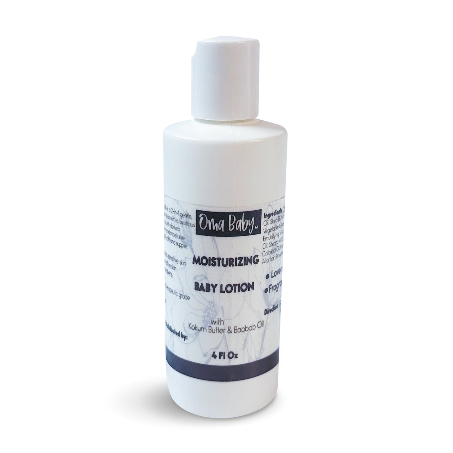 White bottle of moisturizing baby lotion with a label on a white background