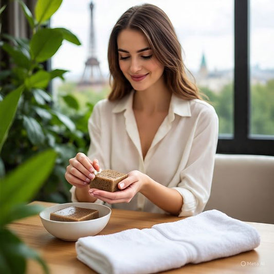 A smiling customer holding a bar of raw African black soap from Roses Natural.