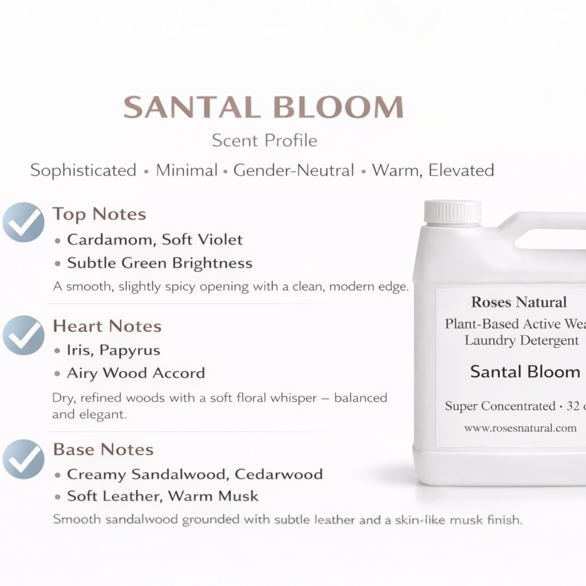 Santal Bloom laundry detergent with scent profile details on a white background