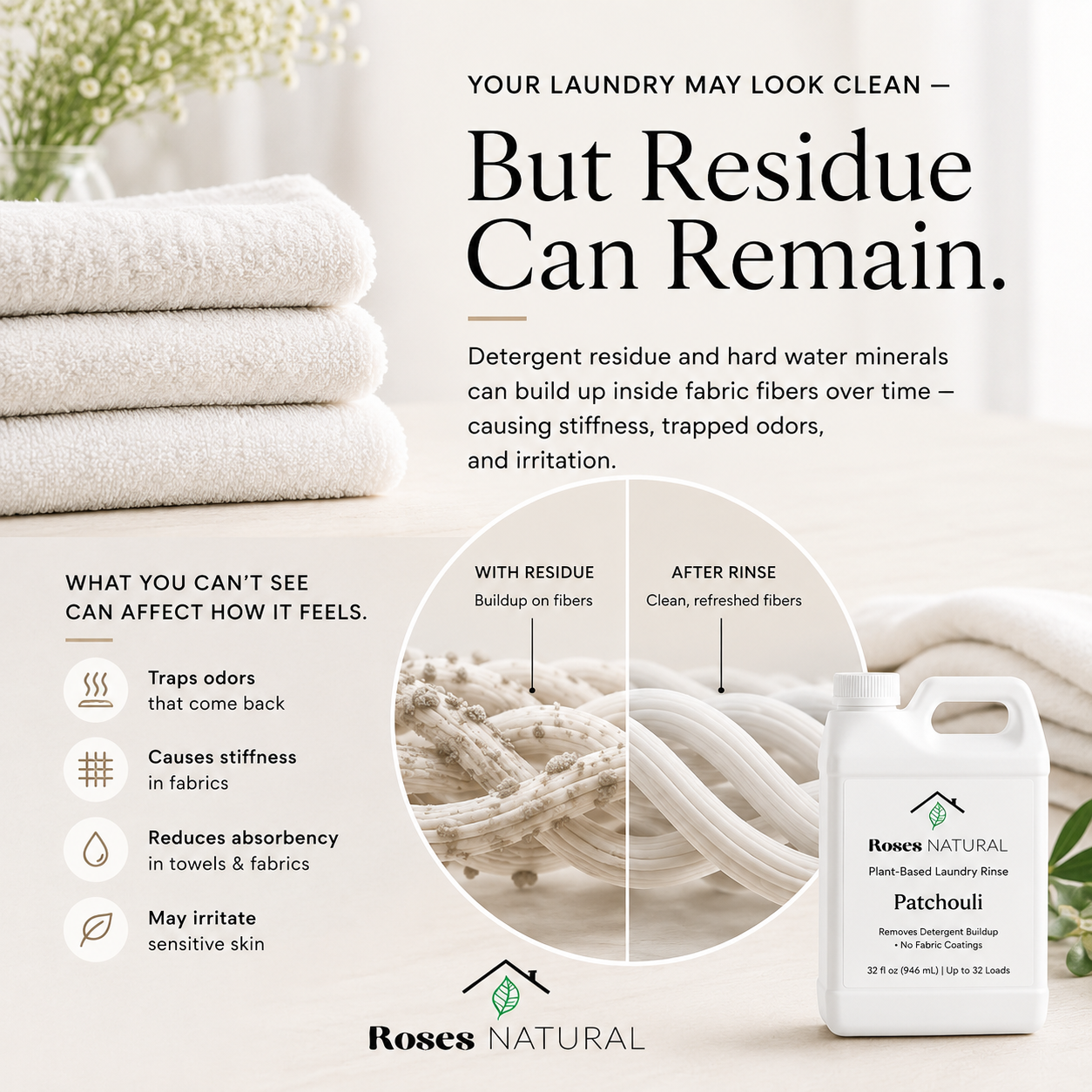 Advertisement for Roses Natural laundry product showing towels and a bottle with text about detergent residue.