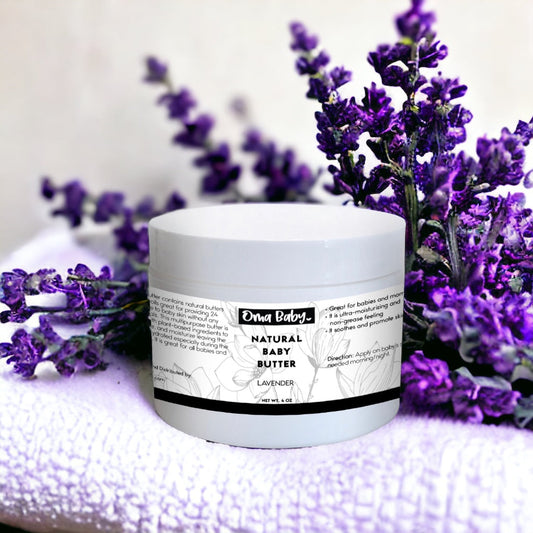 Jar of natural baby butter with lavender flowers on a white background