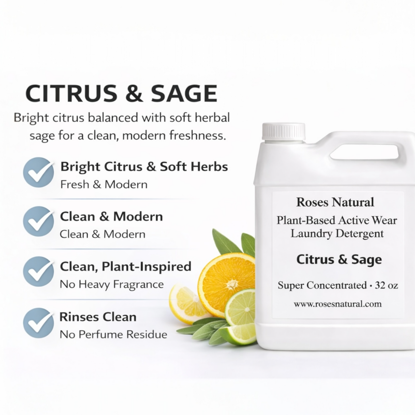 Roses Natural Plant-Based Active Wear Laundry Detergent bottle with citrus and sage flavor description on a white background