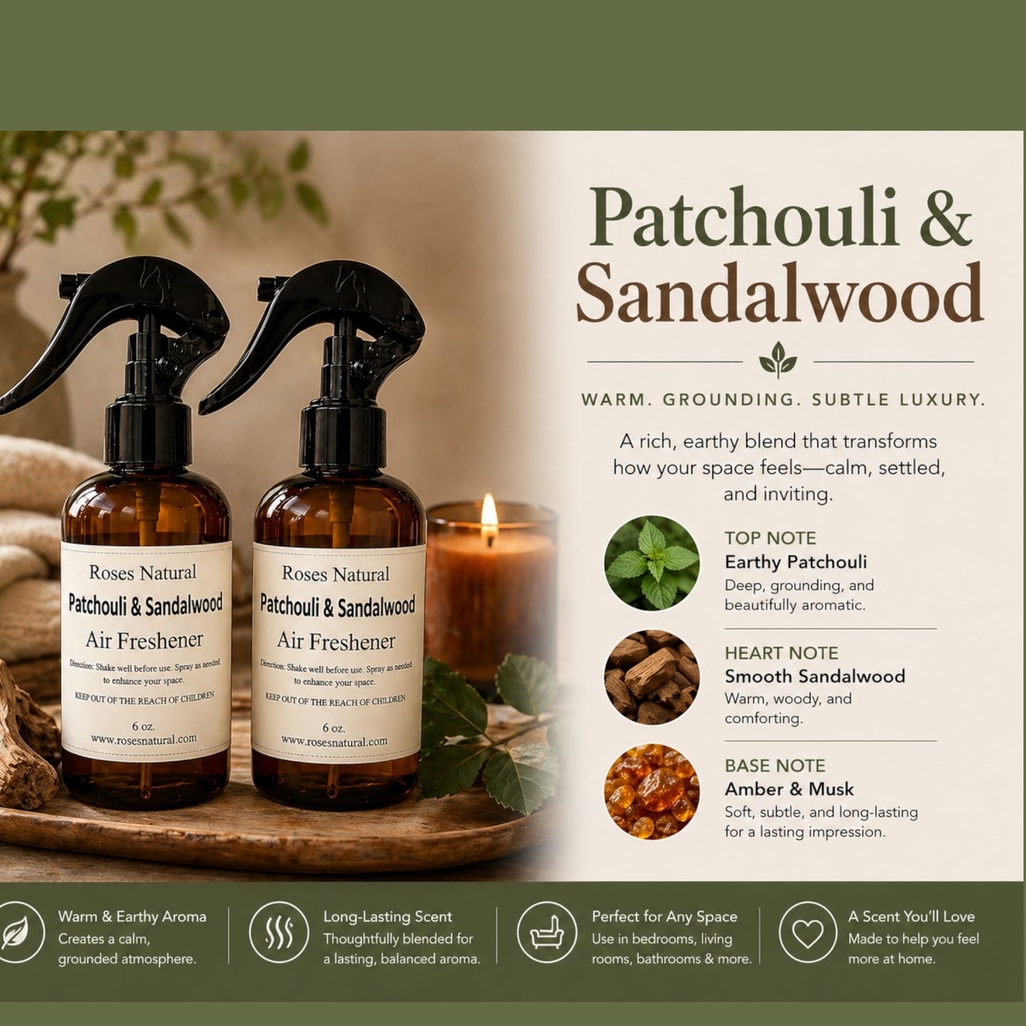 Two Roses Natural air freshener bottles with a candle and botanical elements on a wooden tray, featuring patchouli and sandalwood scents.
