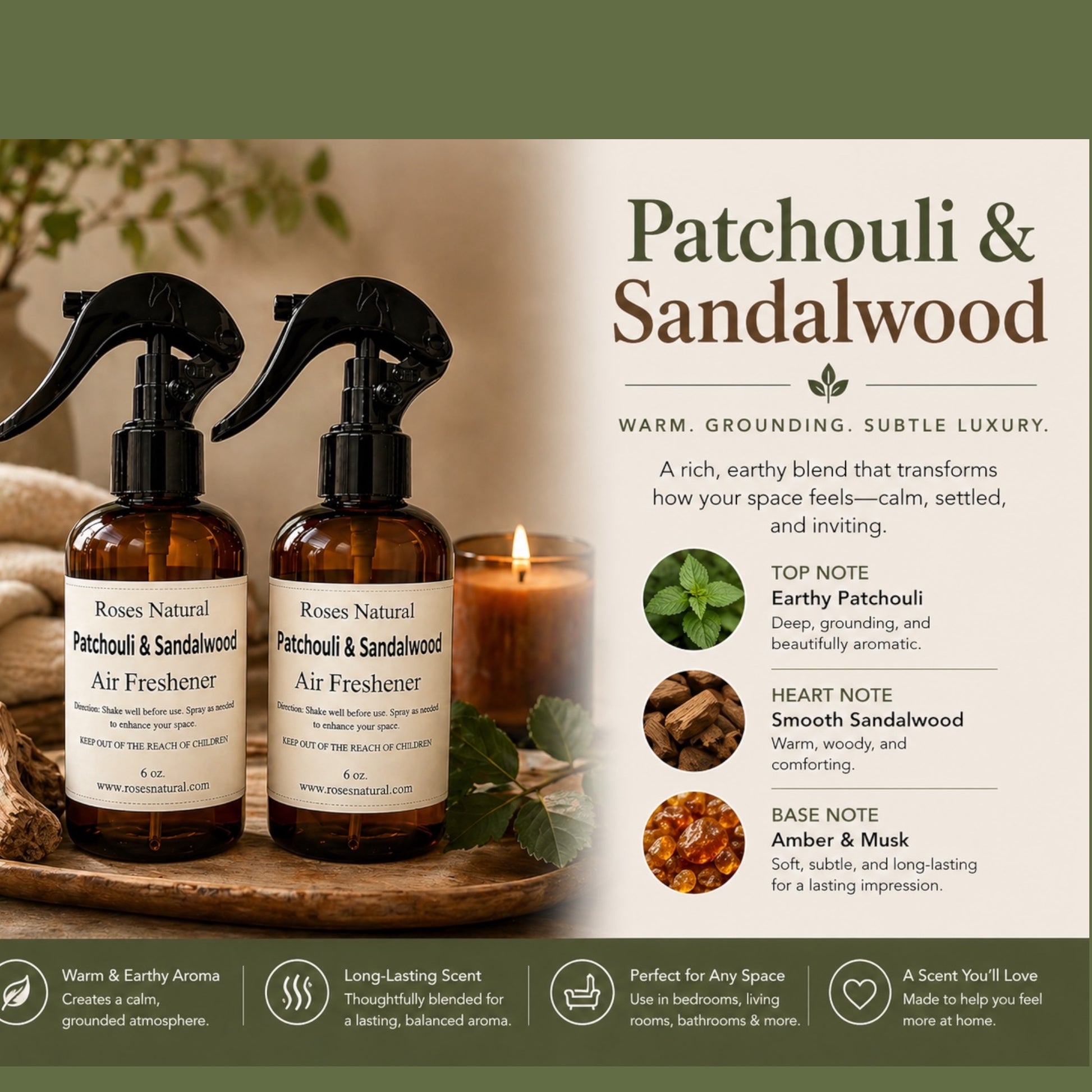 Two Roses Natural air freshener bottles with a candle and botanical elements on a wooden tray, featuring patchouli and sandalwood scents.
