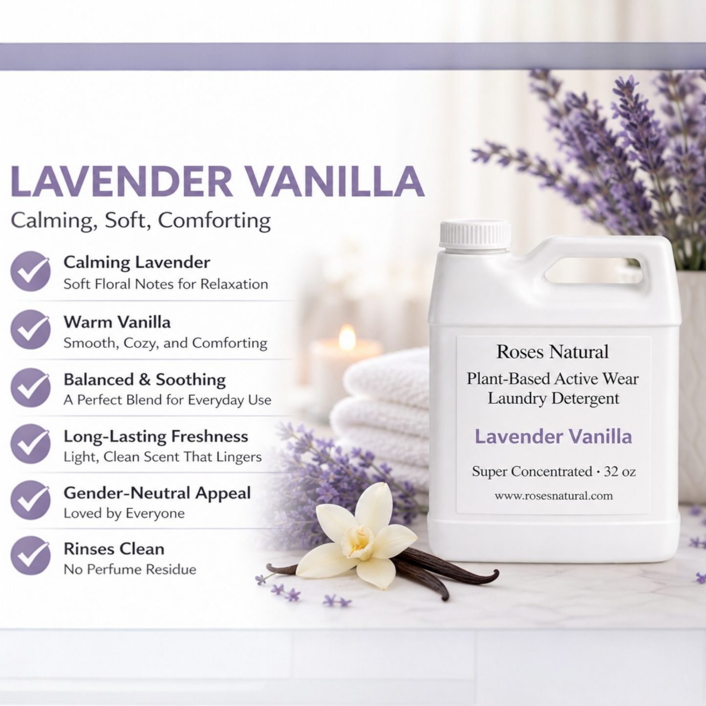 Lavender Vanilla laundry detergent with product details and branding on a white background