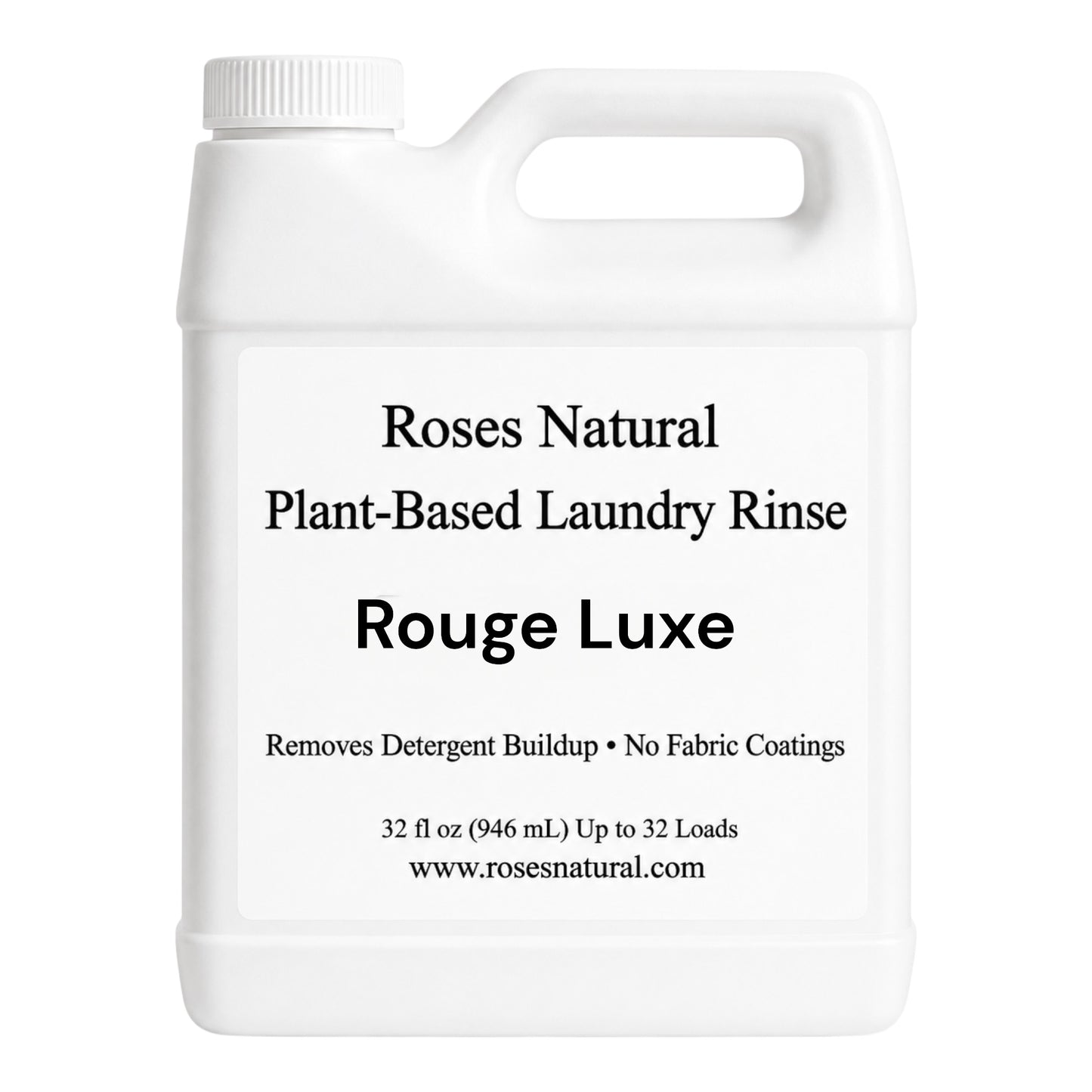 White bottle of Roses Natural Plant-Based Laundry Rinse with text on a white background
