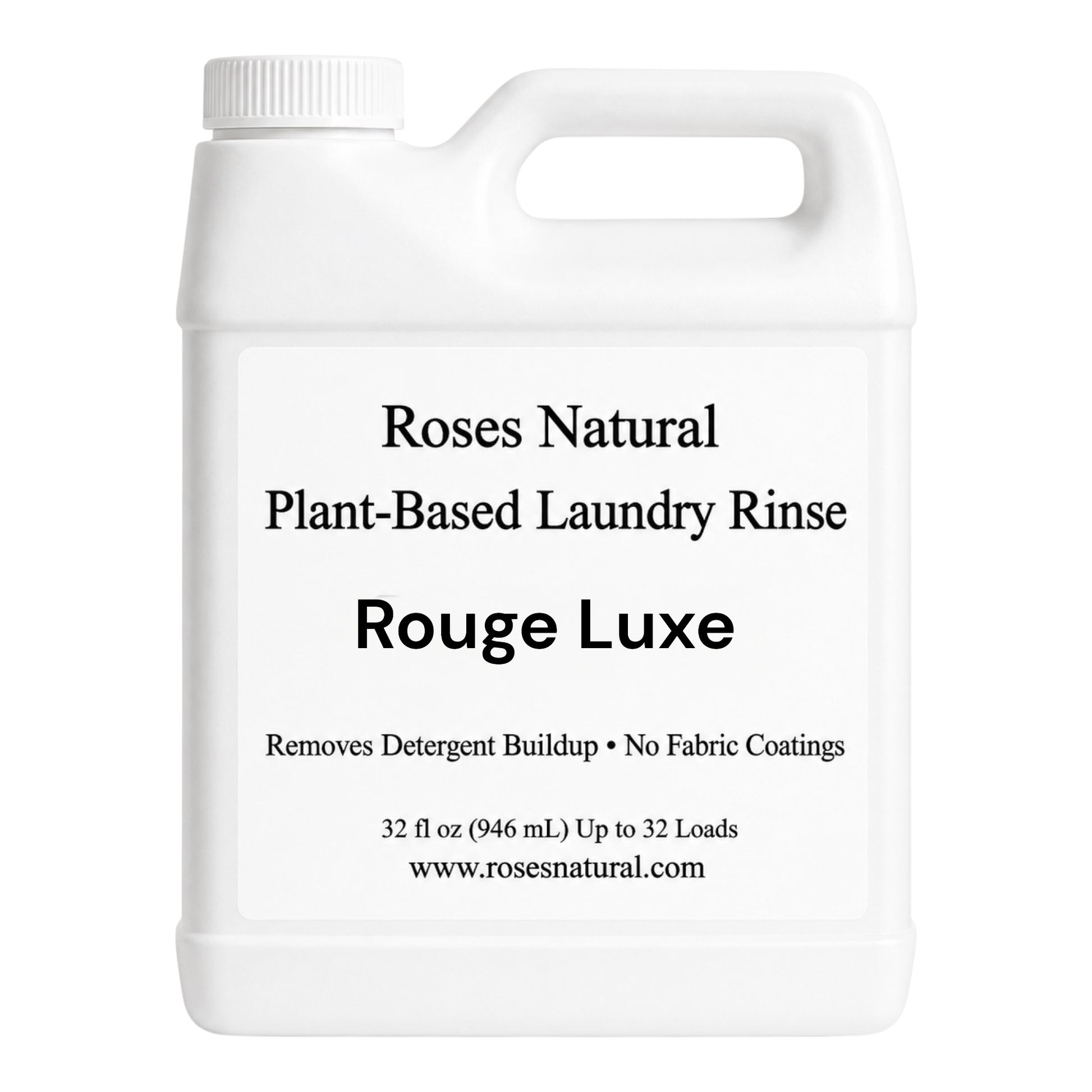 White bottle of Roses Natural Plant-Based Laundry Rinse with text on a white background