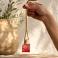 Hand holding a red textured diffuser with a blurred natural background
