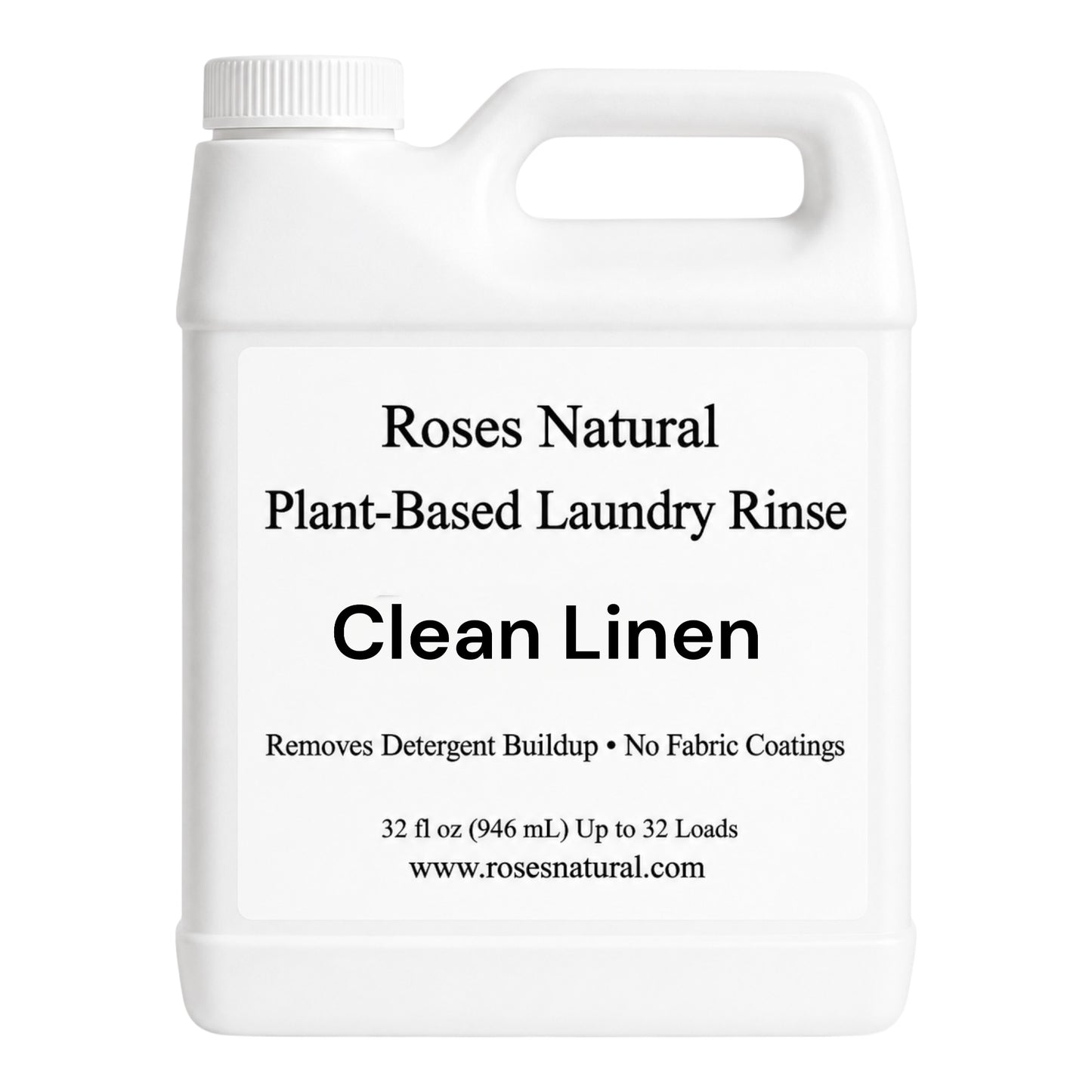 White bottle of Roses Natural Plant-Based Laundry Rinse with 'Clean Linen' scent on a white background
