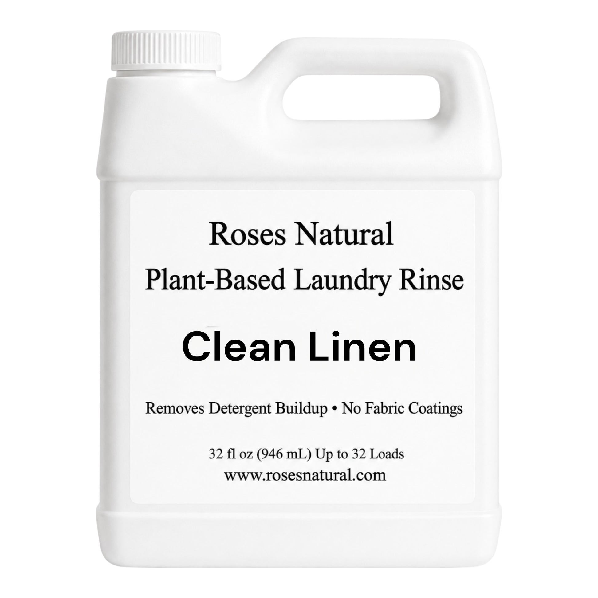 White bottle of Roses Natural Plant-Based Laundry Rinse with 'Clean Linen' scent on a white background