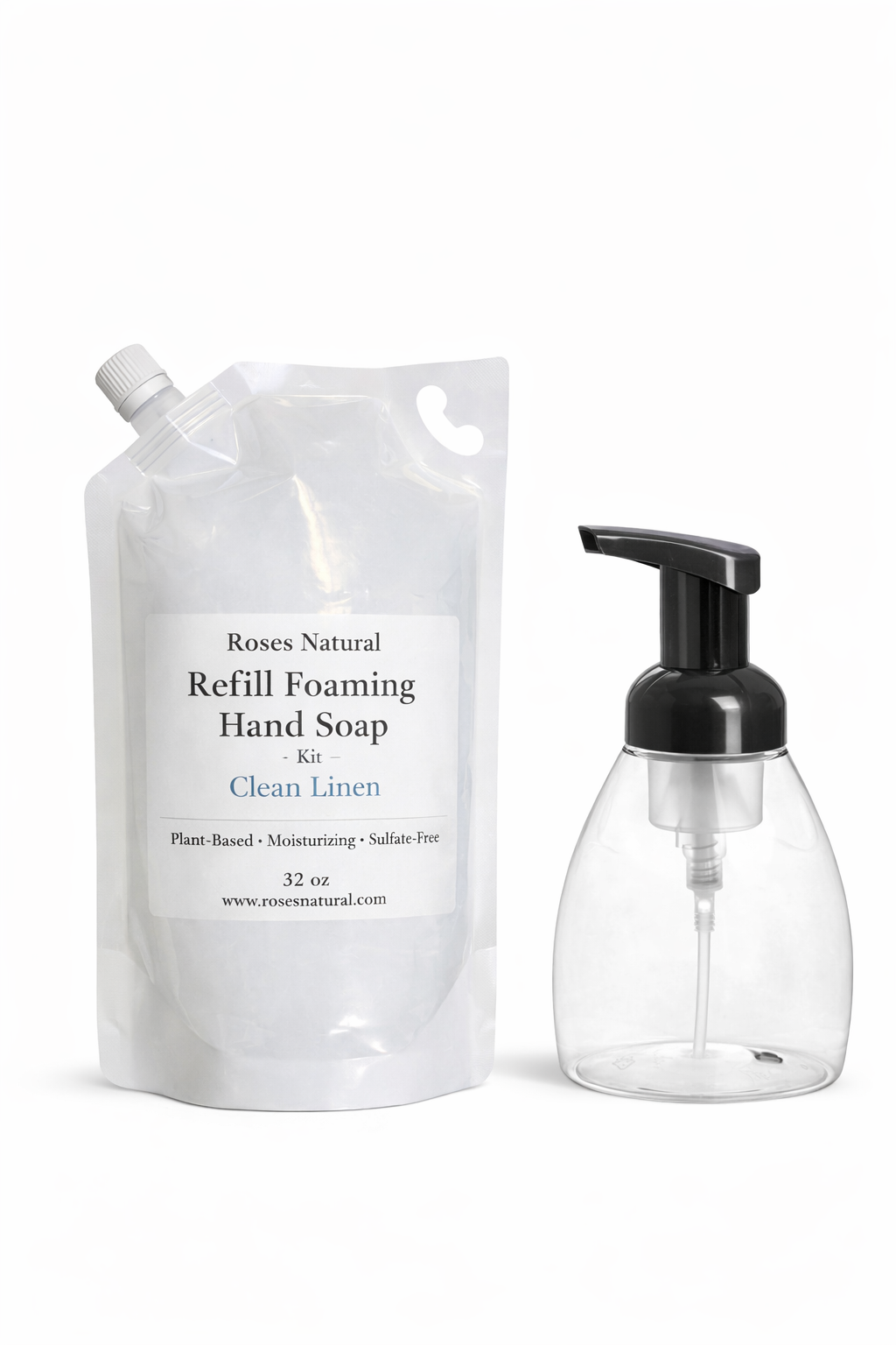 Roses Natural Refill Foaming Hand Soap Kit with clear pump bottle on a white background