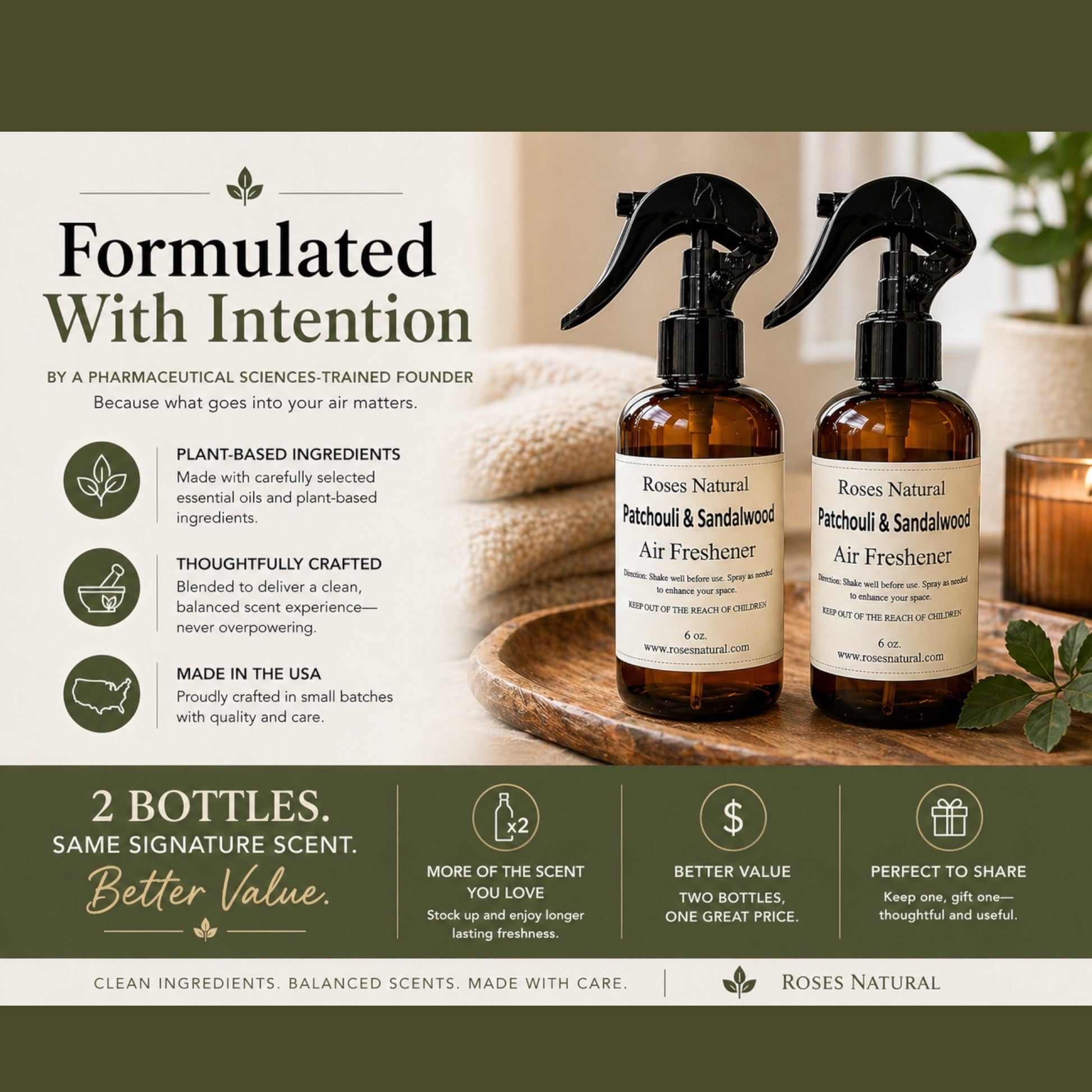 Two bottles of Roses Natural Patchouli & Sandalwood Air Freshener on a wooden tray with promotional text.