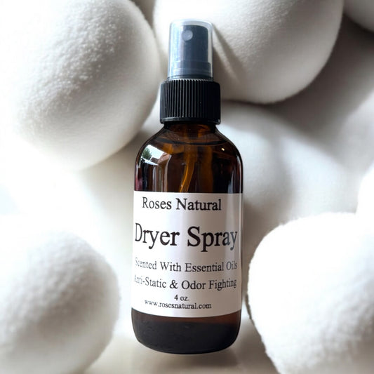 Roses Natural Dryer Spray bottle with plant-based ingredients, eco-friendly laundry freshener made with pure essential oils, safe for dryer balls.