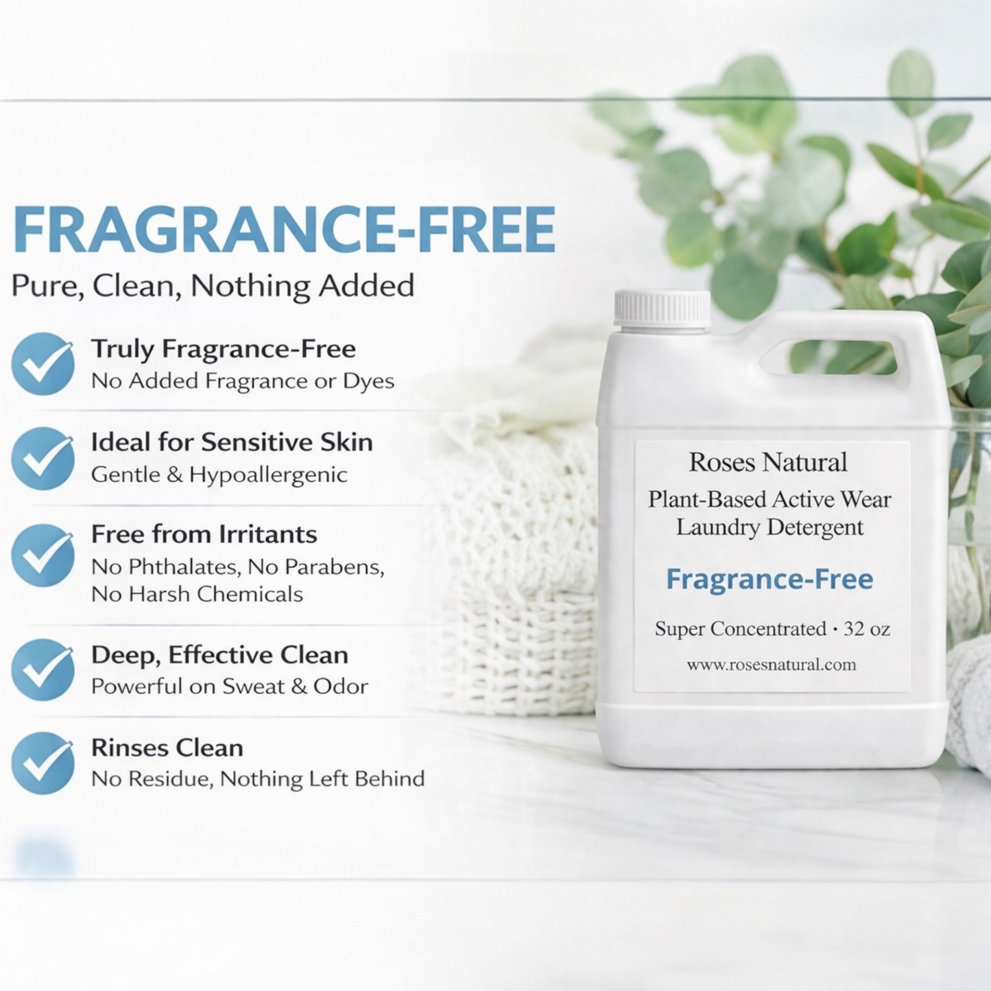 Fragrance-free laundry detergent container with product features listed on a white background