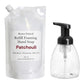 Refillable hand soap system with pump bottle and packaging labeled 'Roses Natural Refill Foaming Hand Soap Patchouli'.