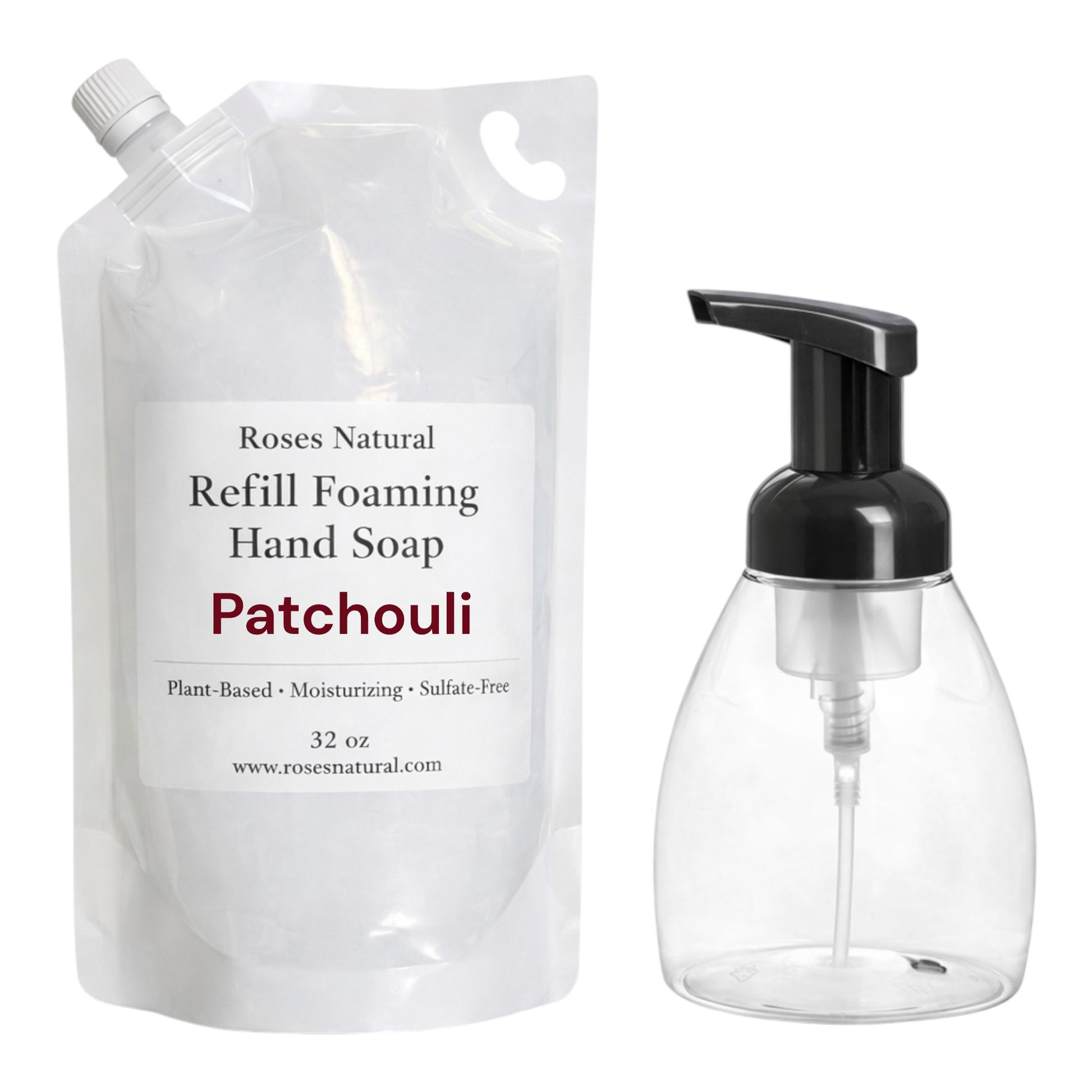 Refillable hand soap system with pump bottle and packaging labeled 'Roses Natural Refill Foaming Hand Soap Patchouli'.