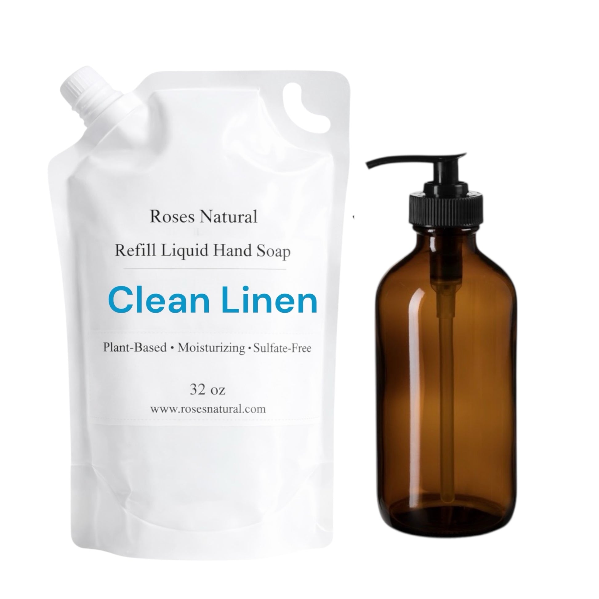 White refill pouch and brown bottle of 'Clean Linen' liquid hand soap by Roses Natural on a white background.