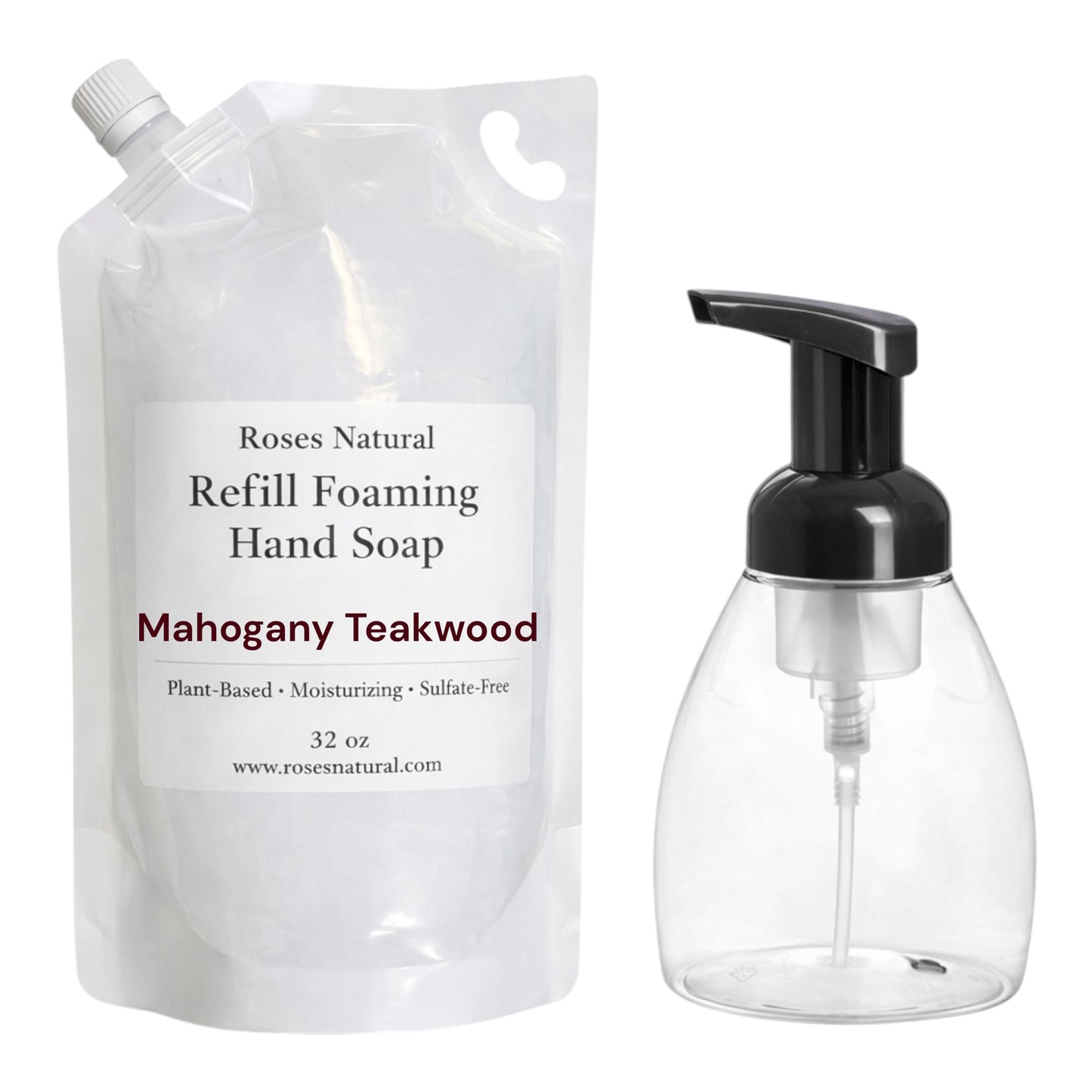 Refillable hand soap system with pump bottle and packaging labeled 'Roses Natural'.
