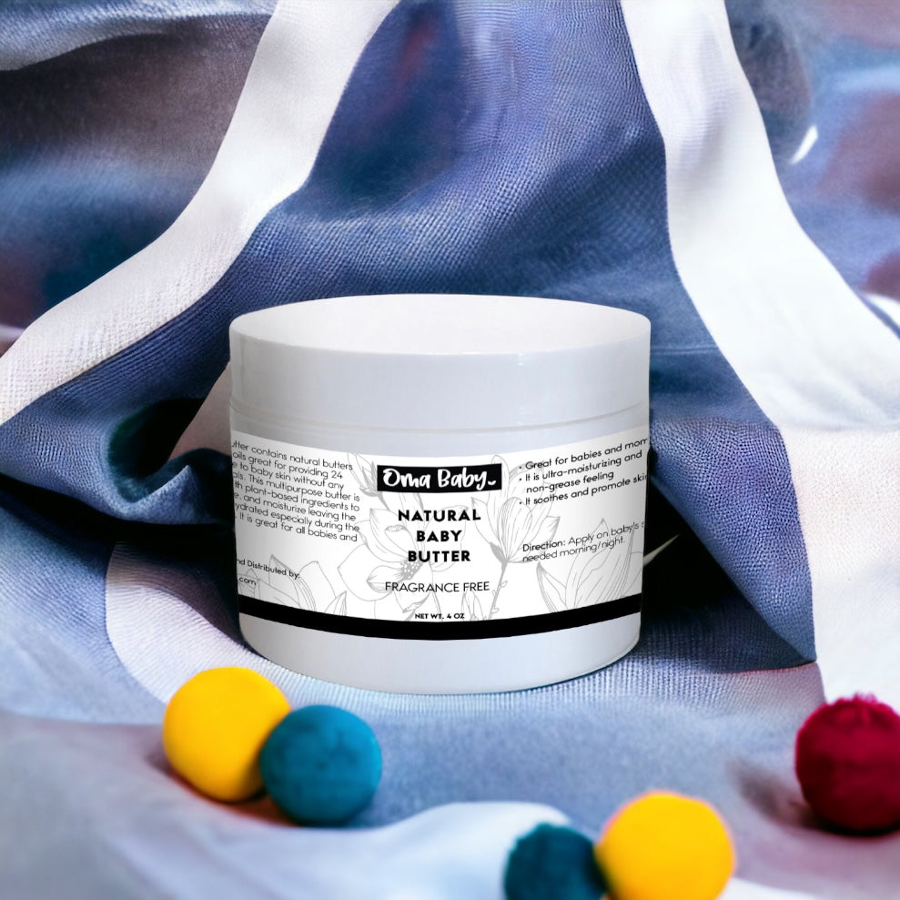 White jar of natural baby butter with a label on a textured fabric background