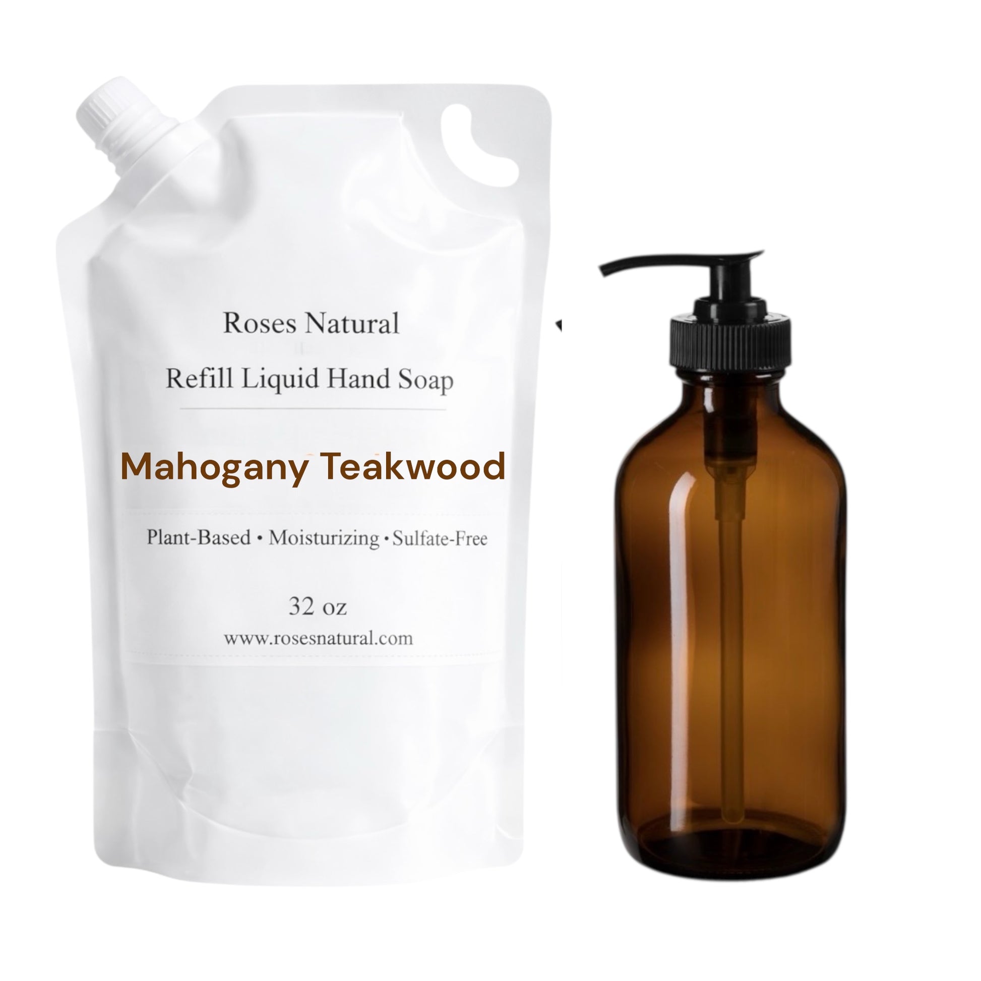 Brown refillable liquid hand soap bottle with white packaging labeled 'Roses Natural' on a white background. Mahogany Teakwood