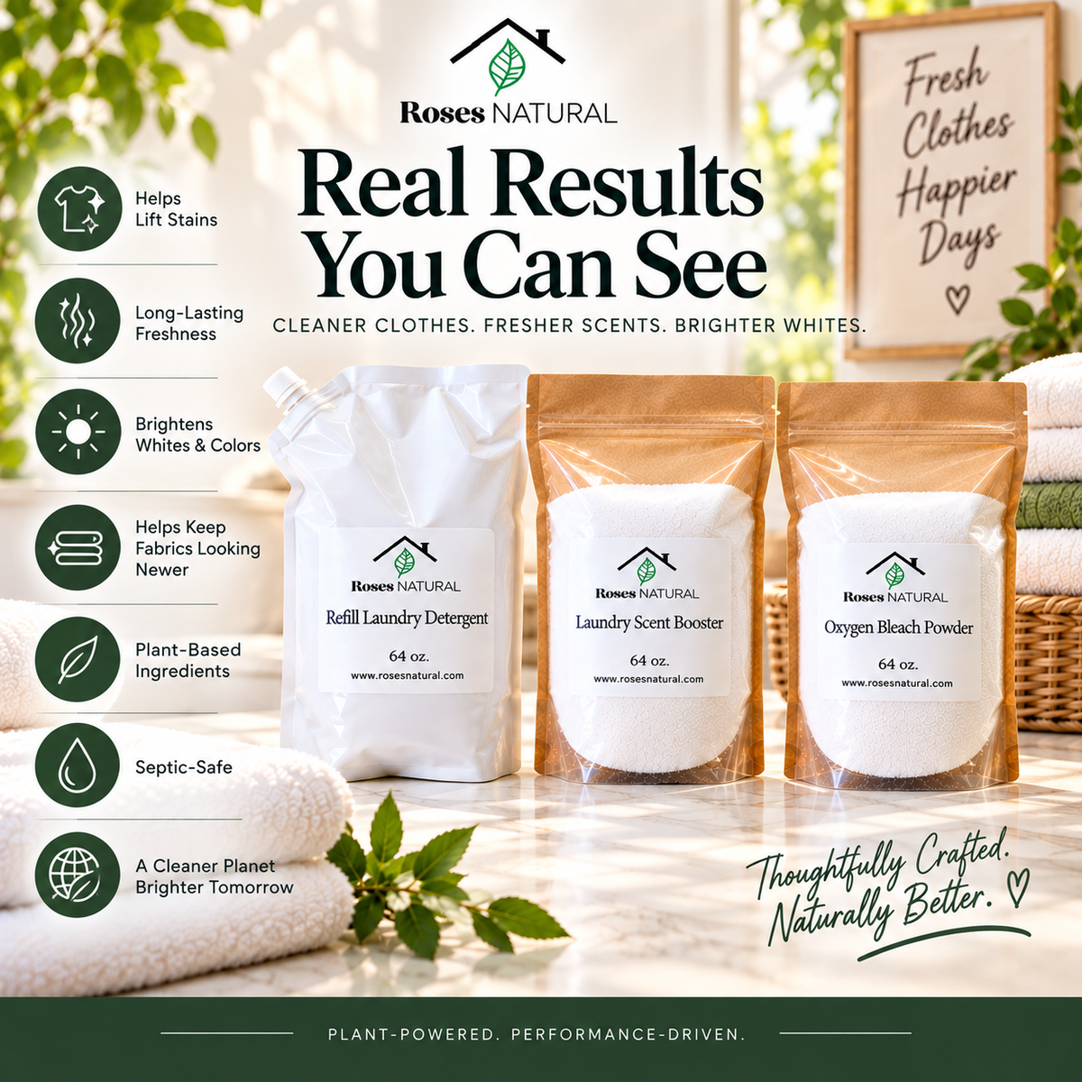 Roses Natural Laundry Bundle — Plant-Based Detergent, Laundry Scent Booster & Oxygen Bleach | 3-Piece Set