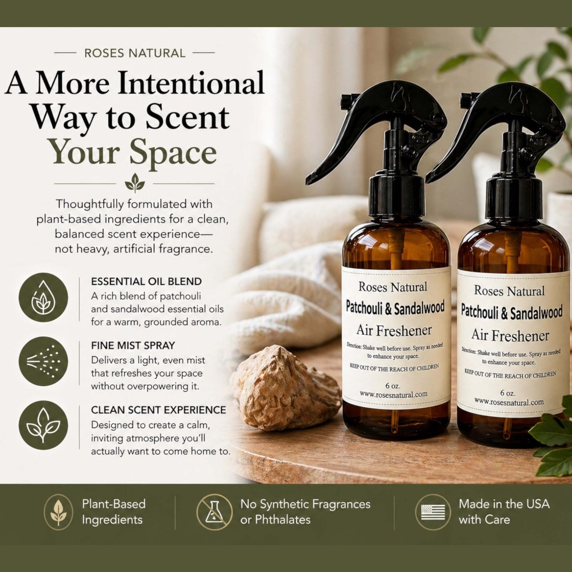 Two brown spray bottles with black nozzles on a wooden surface, surrounded by sandalwood and sandalwood essential oil, with text about the product's features.