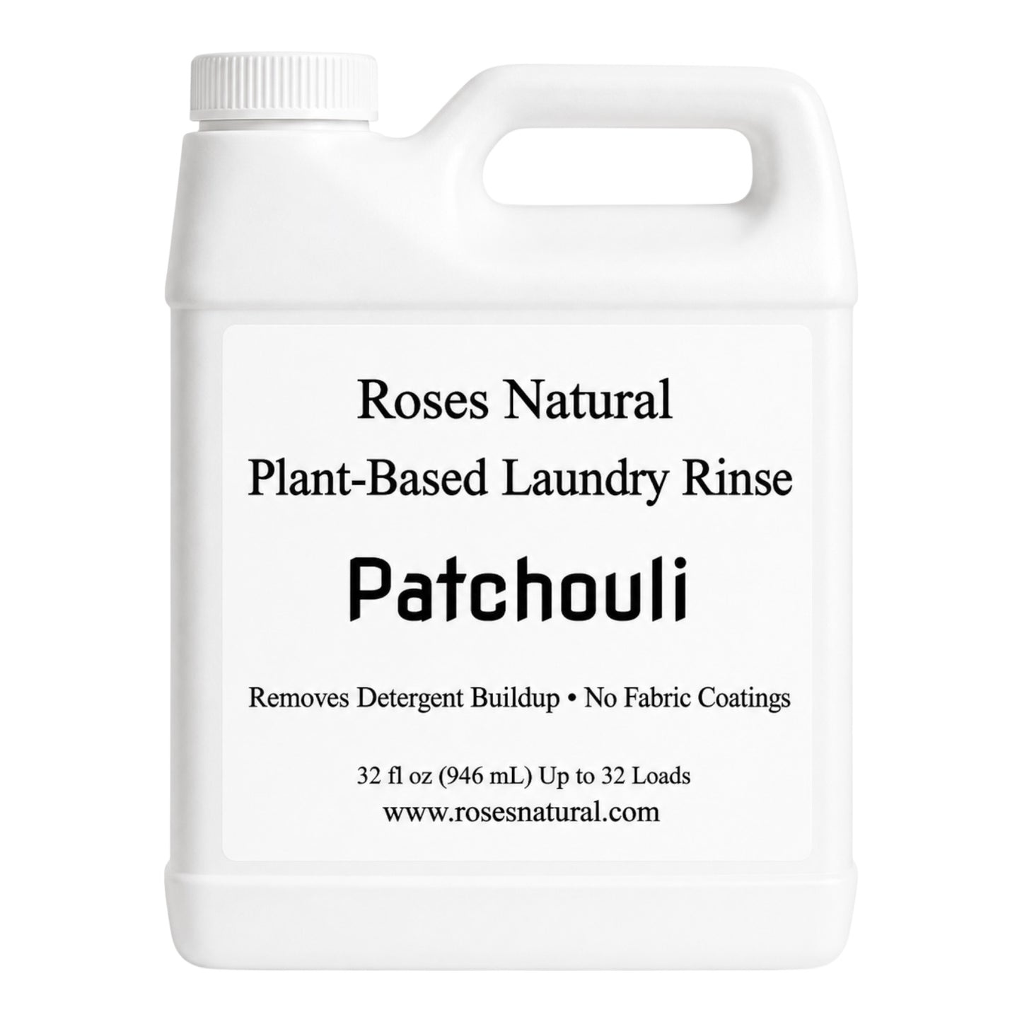 White container of Roses Natural Plant-Based Laundry Rinse with patchouli scent on a white background