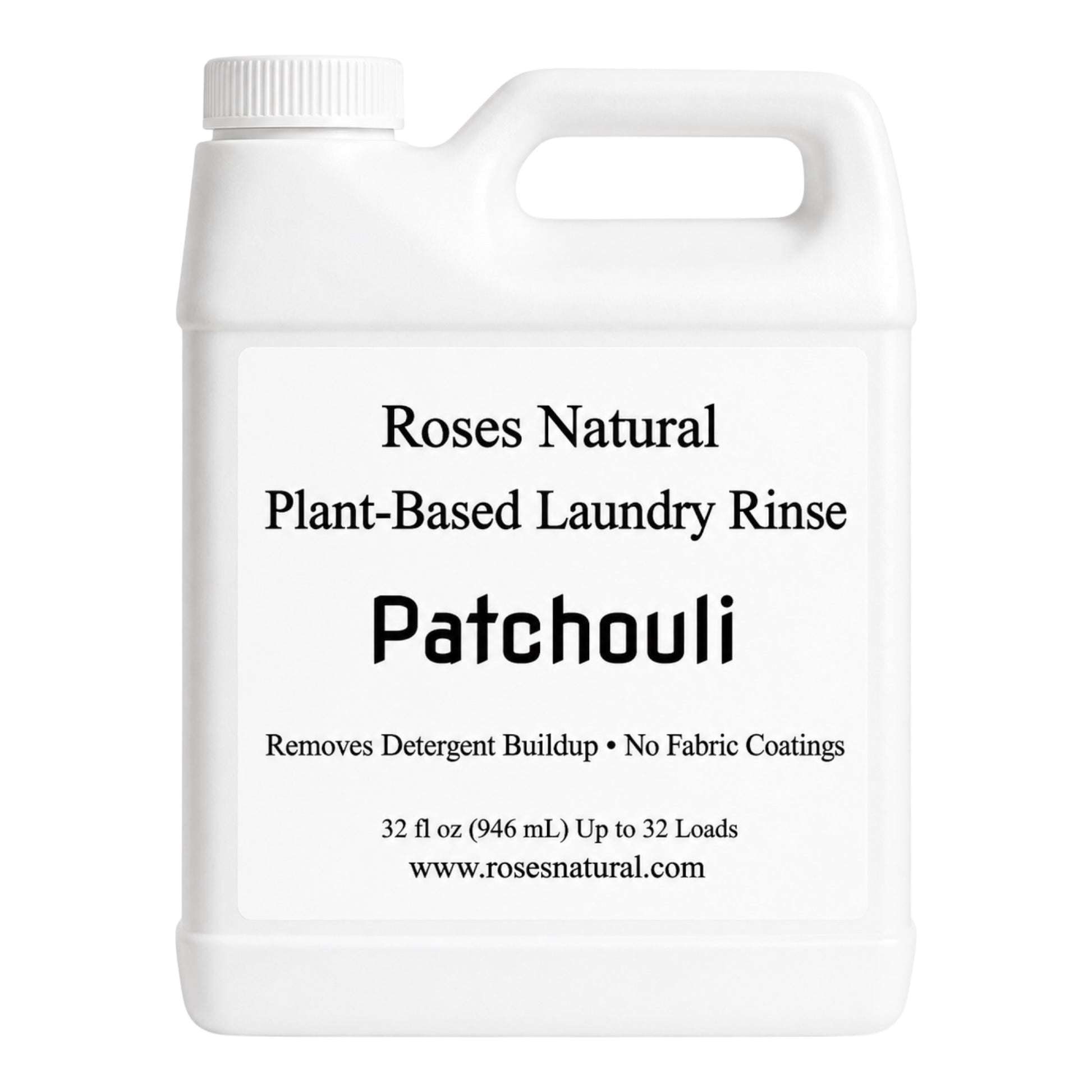 White container of Roses Natural Plant-Based Laundry Rinse with patchouli scent on a white background