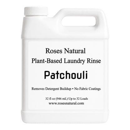 White container of Roses Natural Plant-Based Laundry Rinse with patchouli scent on a white background