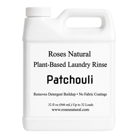 White container of Roses Natural Plant-Based Laundry Rinse with patchouli scent on a white background