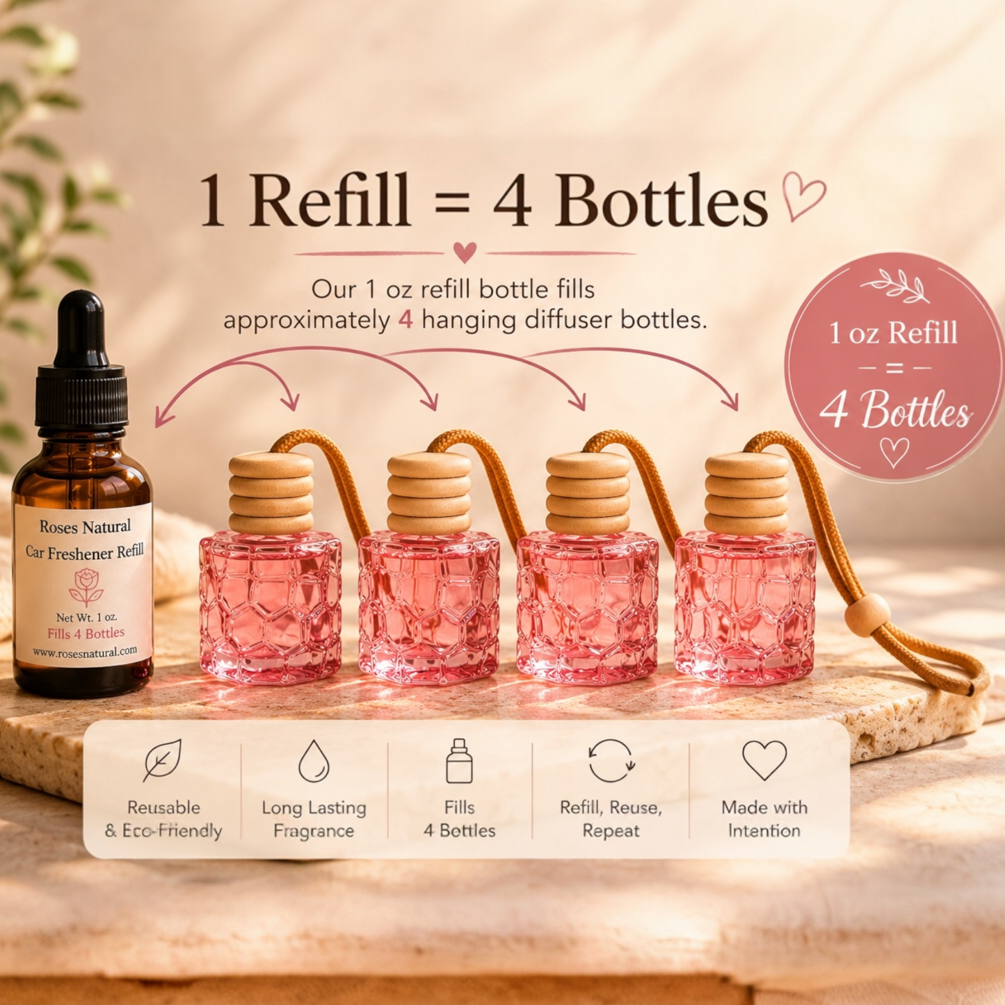 Car  diffuser bottles with a refill bottle on a wooden surface, showing the refill capacity.