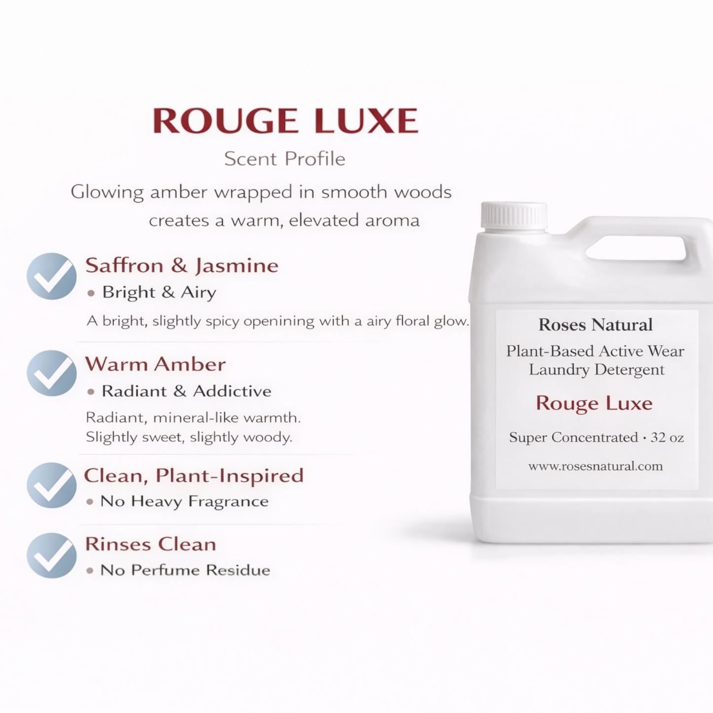Rouge Luxe laundry detergent with scent profile details on a white background