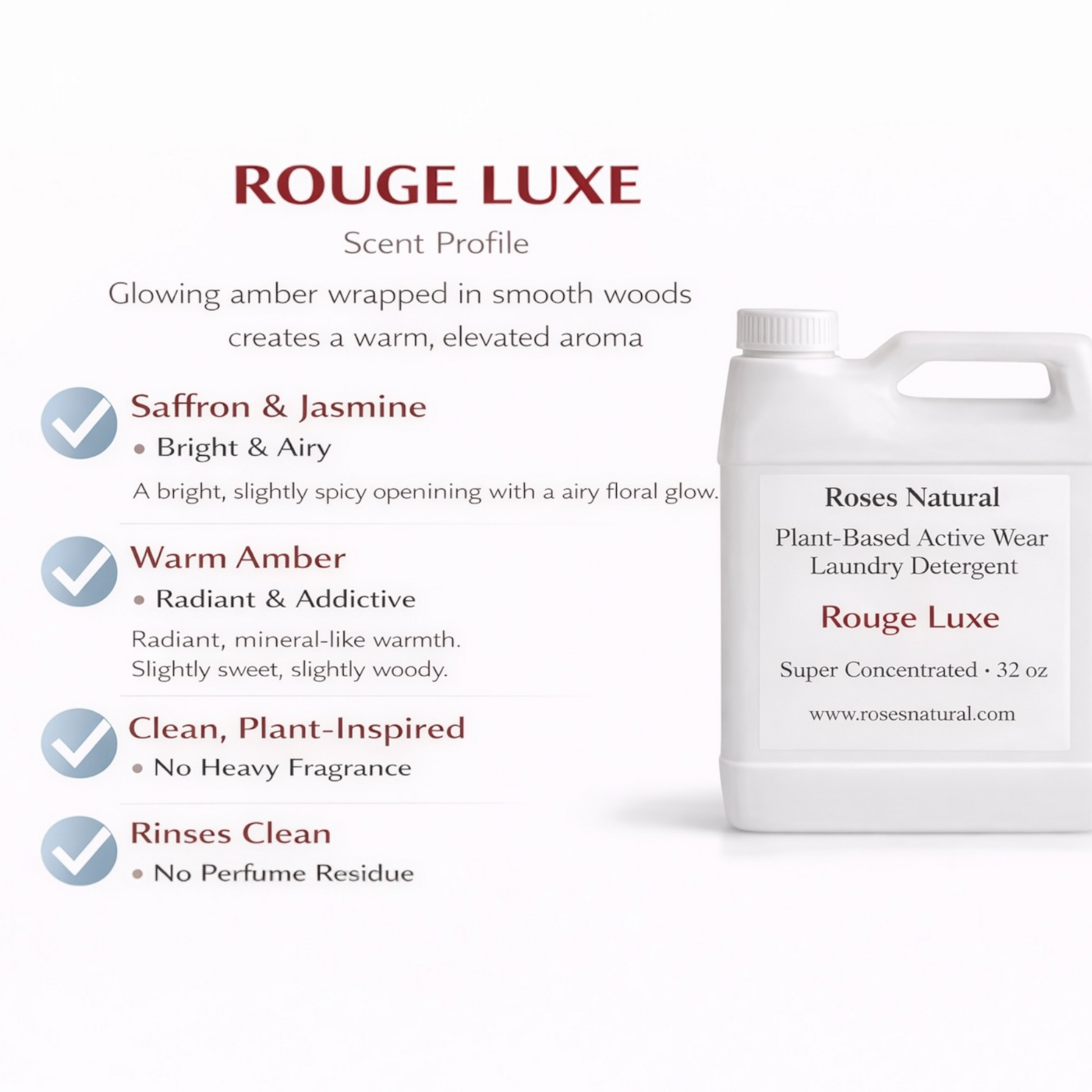 Rouge Luxe laundry detergent with scent profile details on a white background