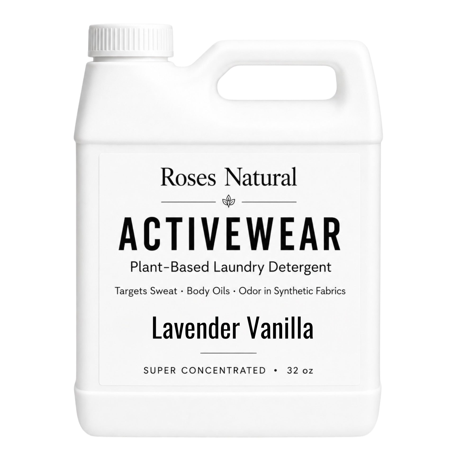 Roses Natural Activewear laundry detergent bottle on a white background. Lavender Vanilla scent