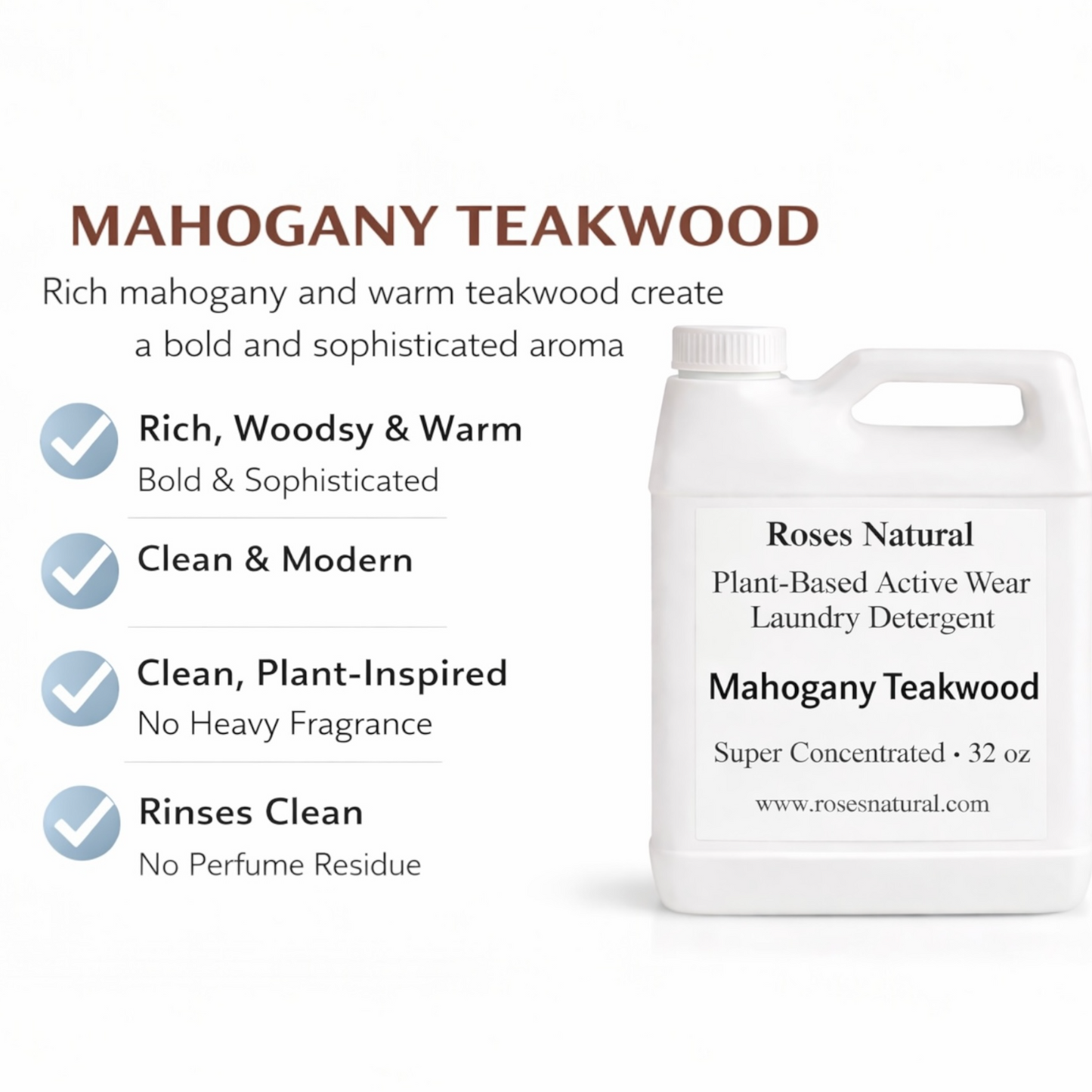 Mahogany Teakwood laundry detergent bottle with product details on a white background