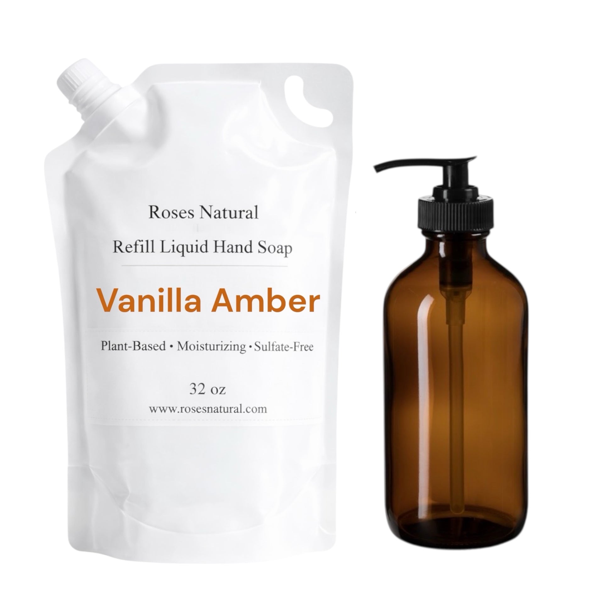 Vanilla Amber refill liquid hand soap packaging with a brown bottle on a white background