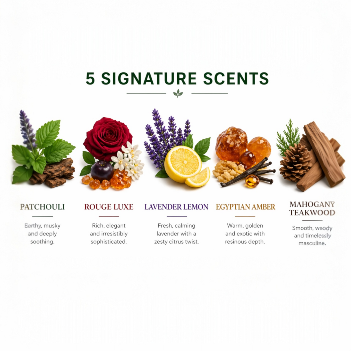 Five signature scents with corresponding images and descriptions on a white background