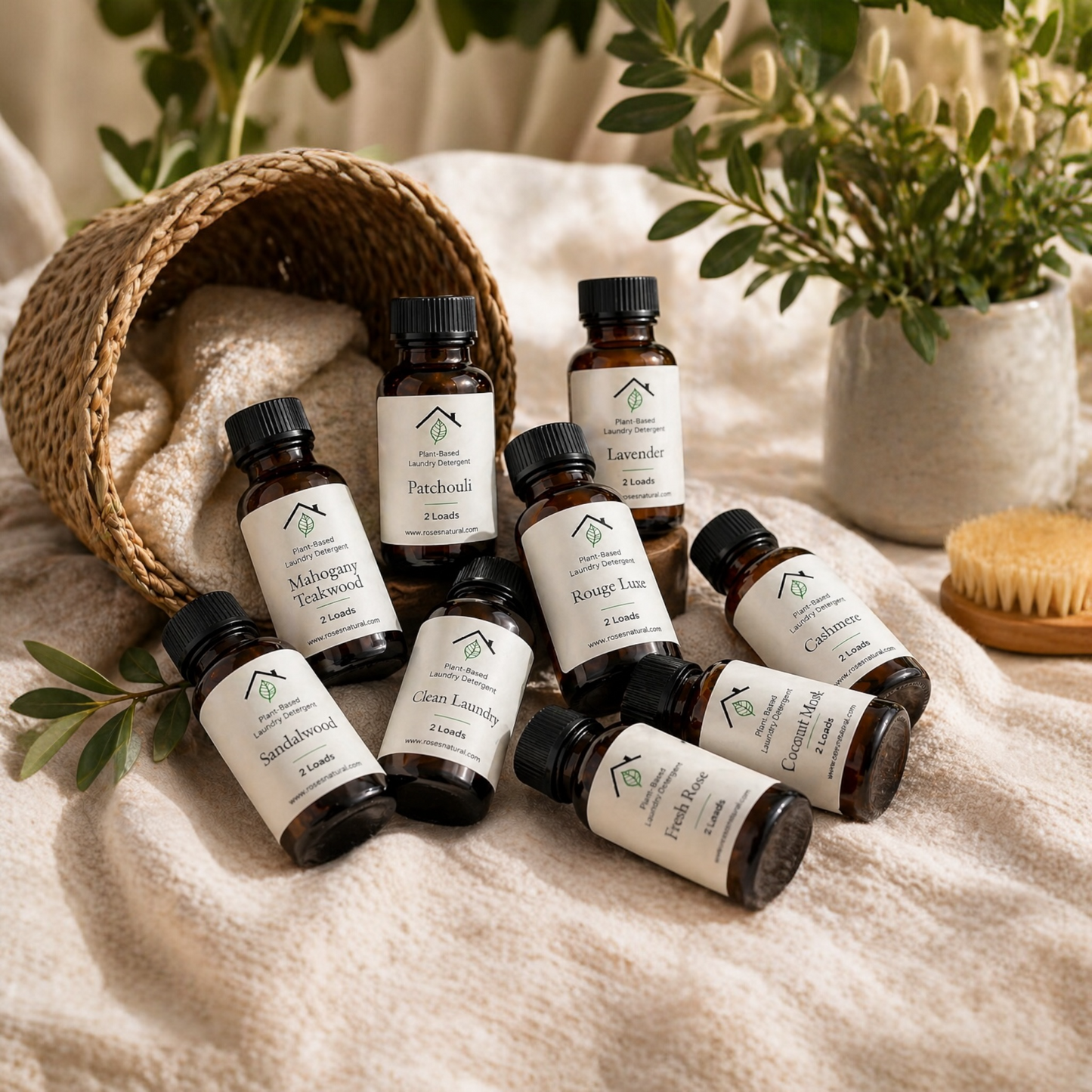 Collection of small sample laundry bottles with labels on a textured surface with plants in the background