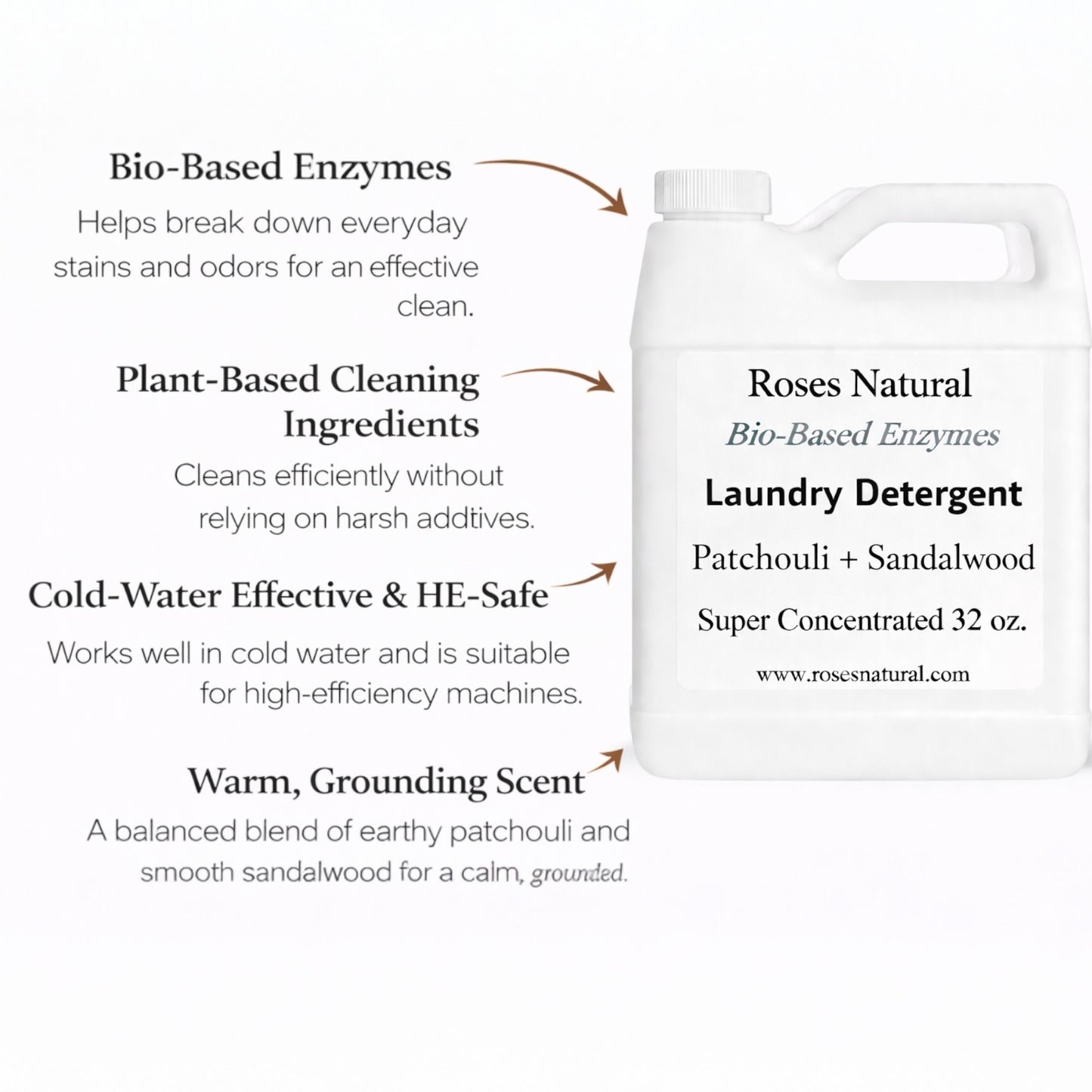 Roses Natural laundry detergent bottle with product features on a white background Patchouli and Sandalwood Scent 