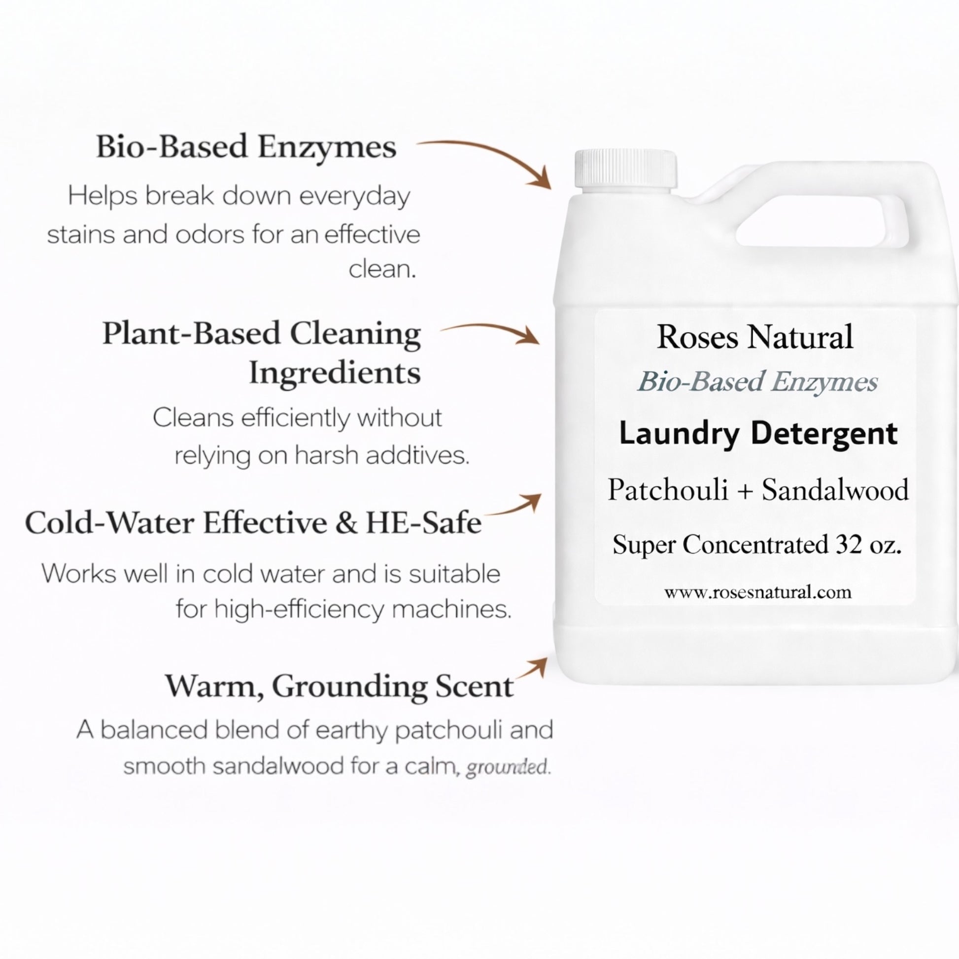 Roses Natural laundry detergent bottle with product features on a white background Patchouli and Sandalwood Scent 