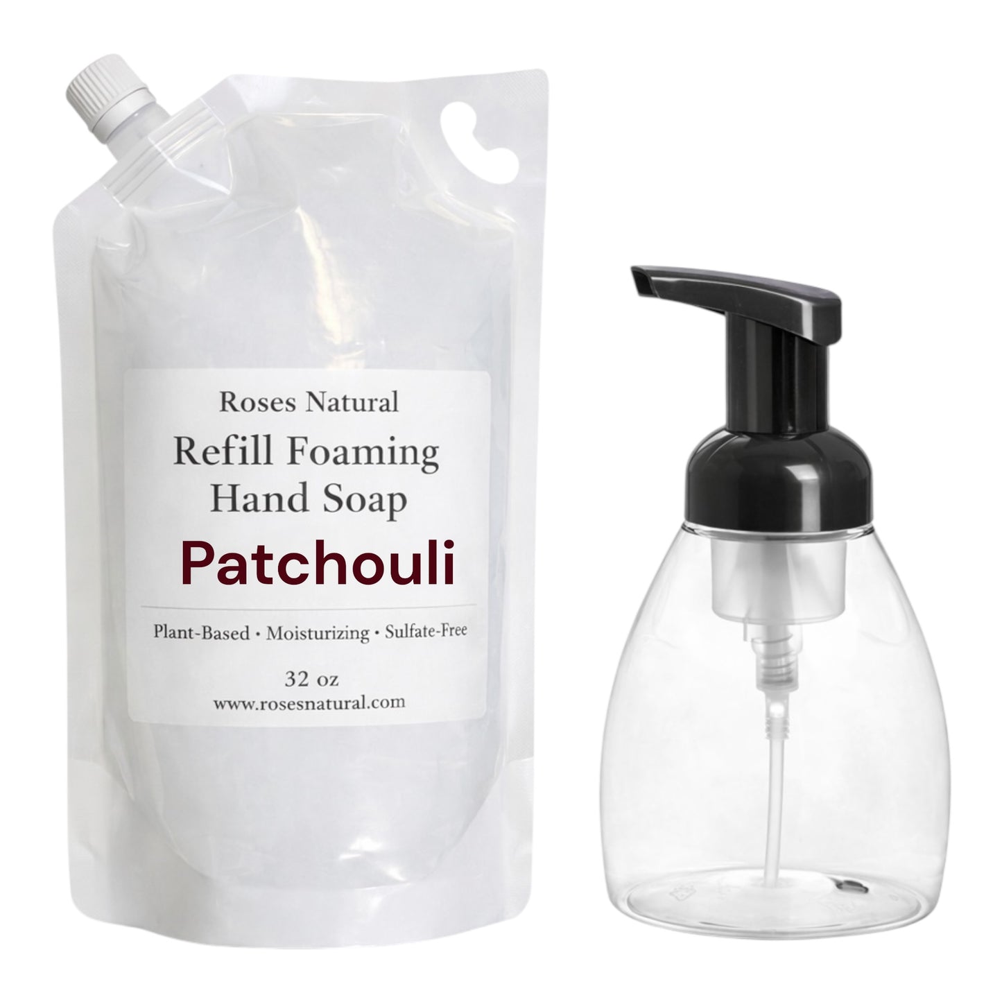 Refillable foam hand soap system with pump bottle and packaging labeled 'Patchouli'.