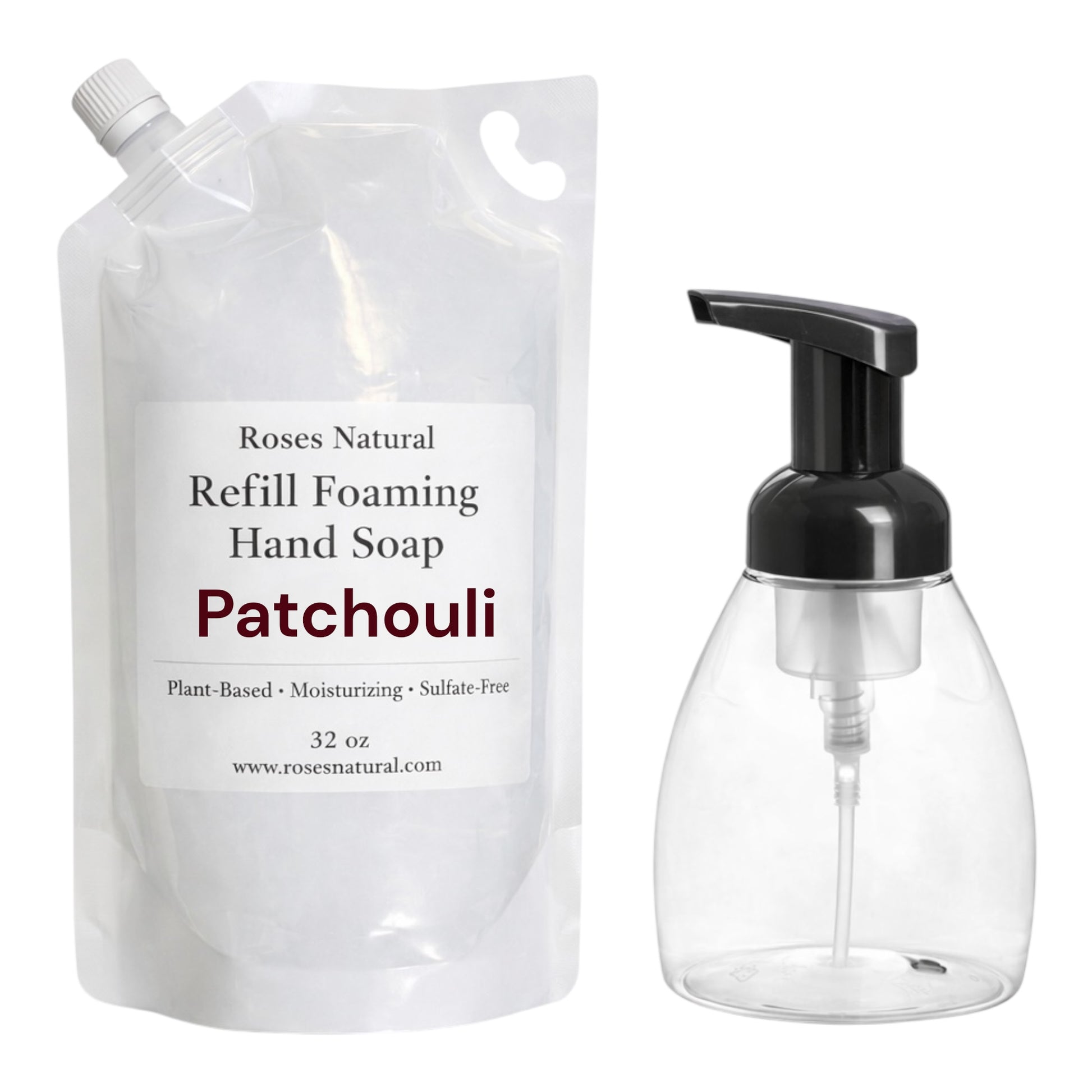 Refillable foam hand soap system with pump bottle and packaging labeled 'Patchouli'.