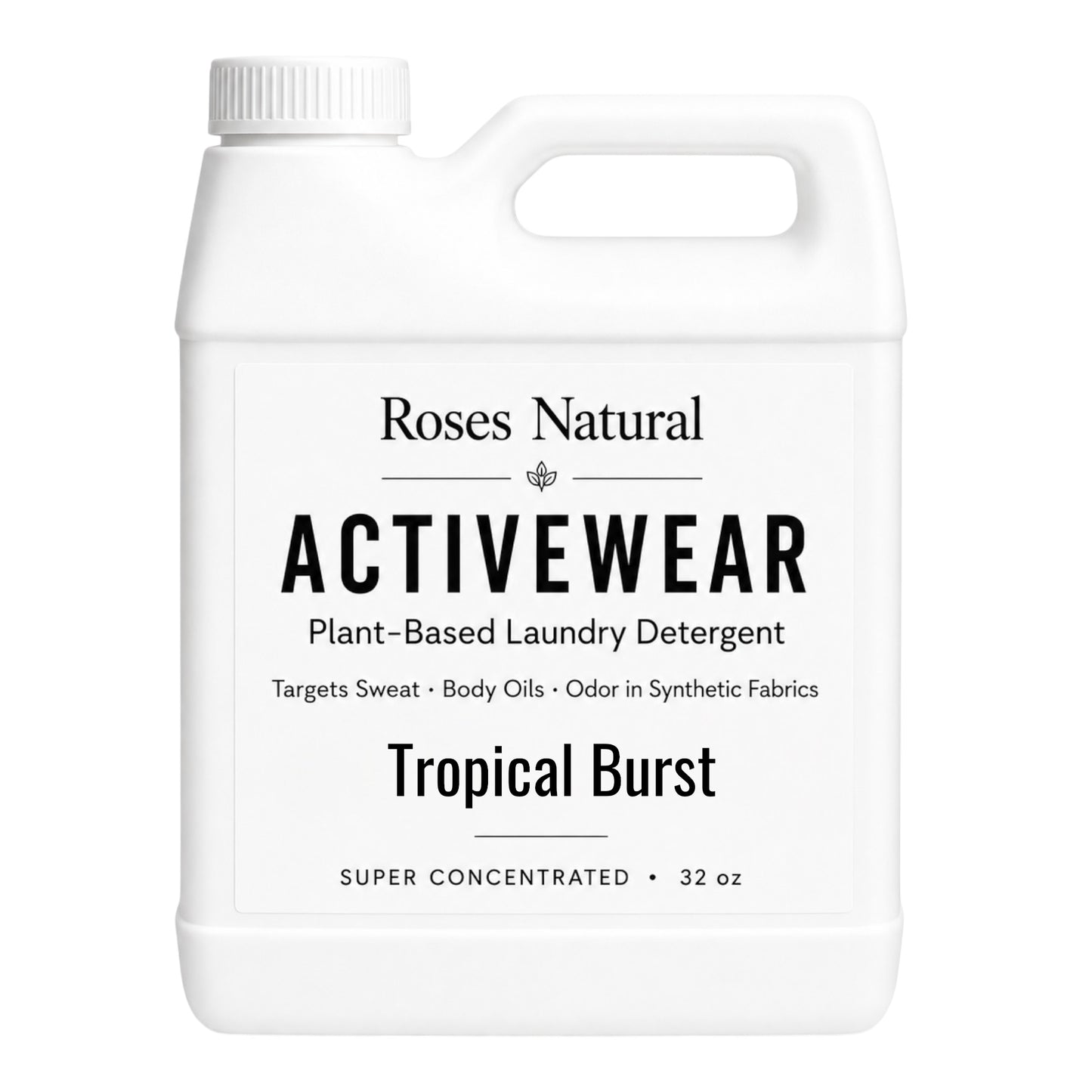 Roses Natural Activewear laundry detergent bottle on a white background