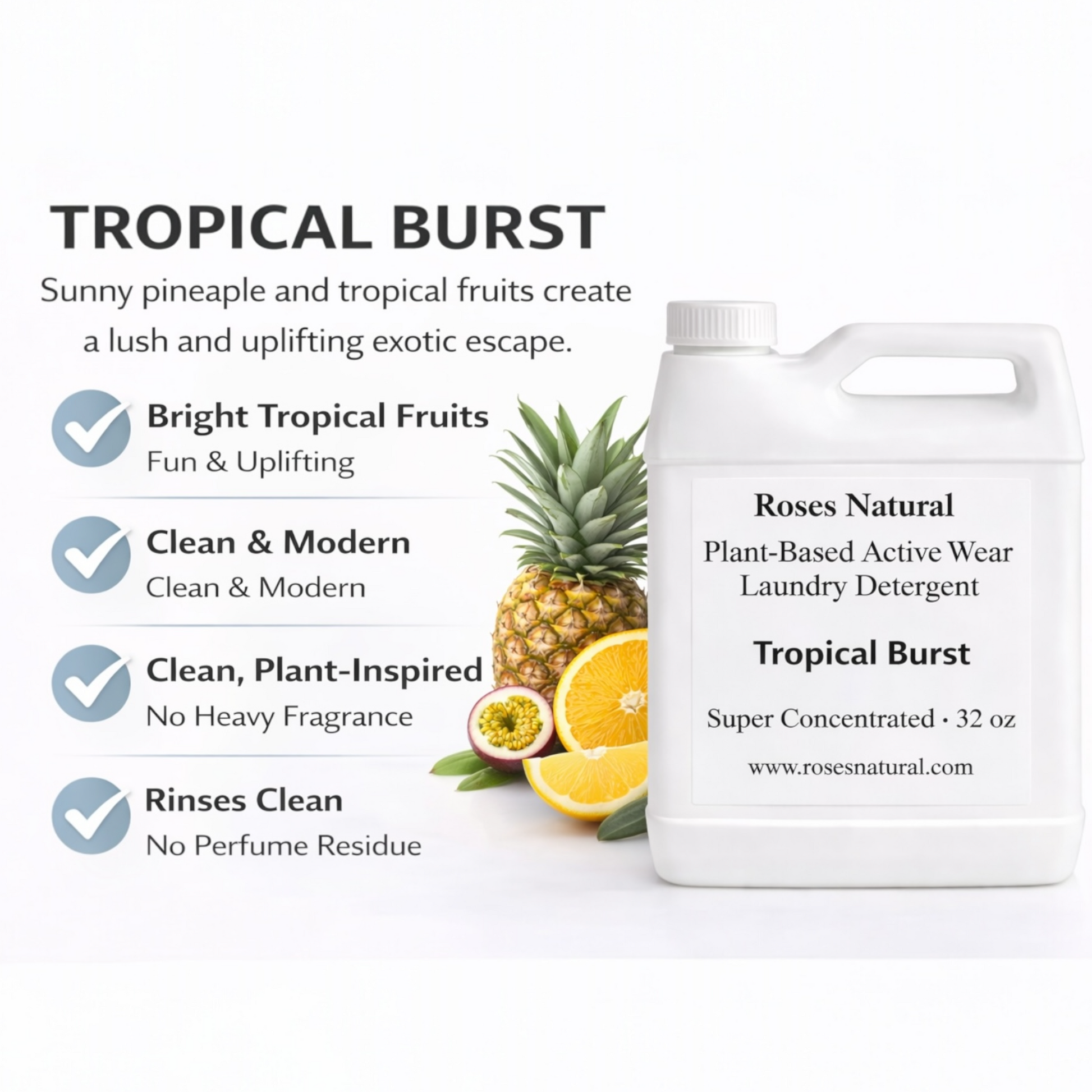 Roses Natural Tropical Burst laundry detergent with a pineapple and orange on a white background