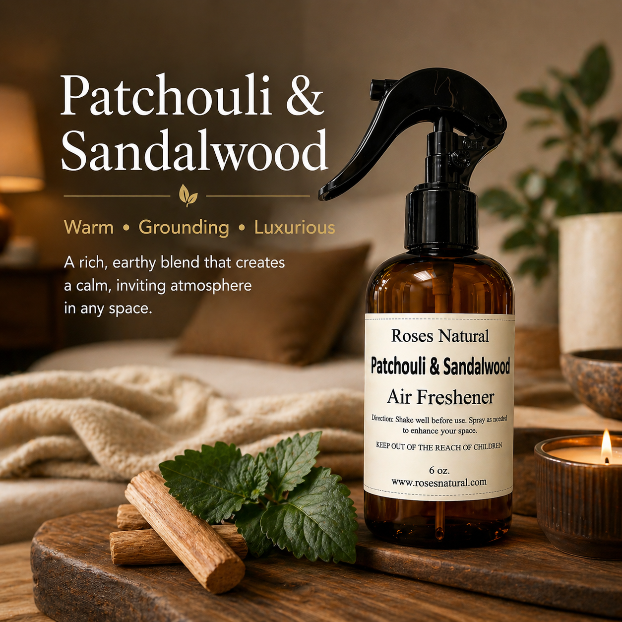 Patchouli & Sandalwood air freshener bottle on a wooden surface with leaves and candles.