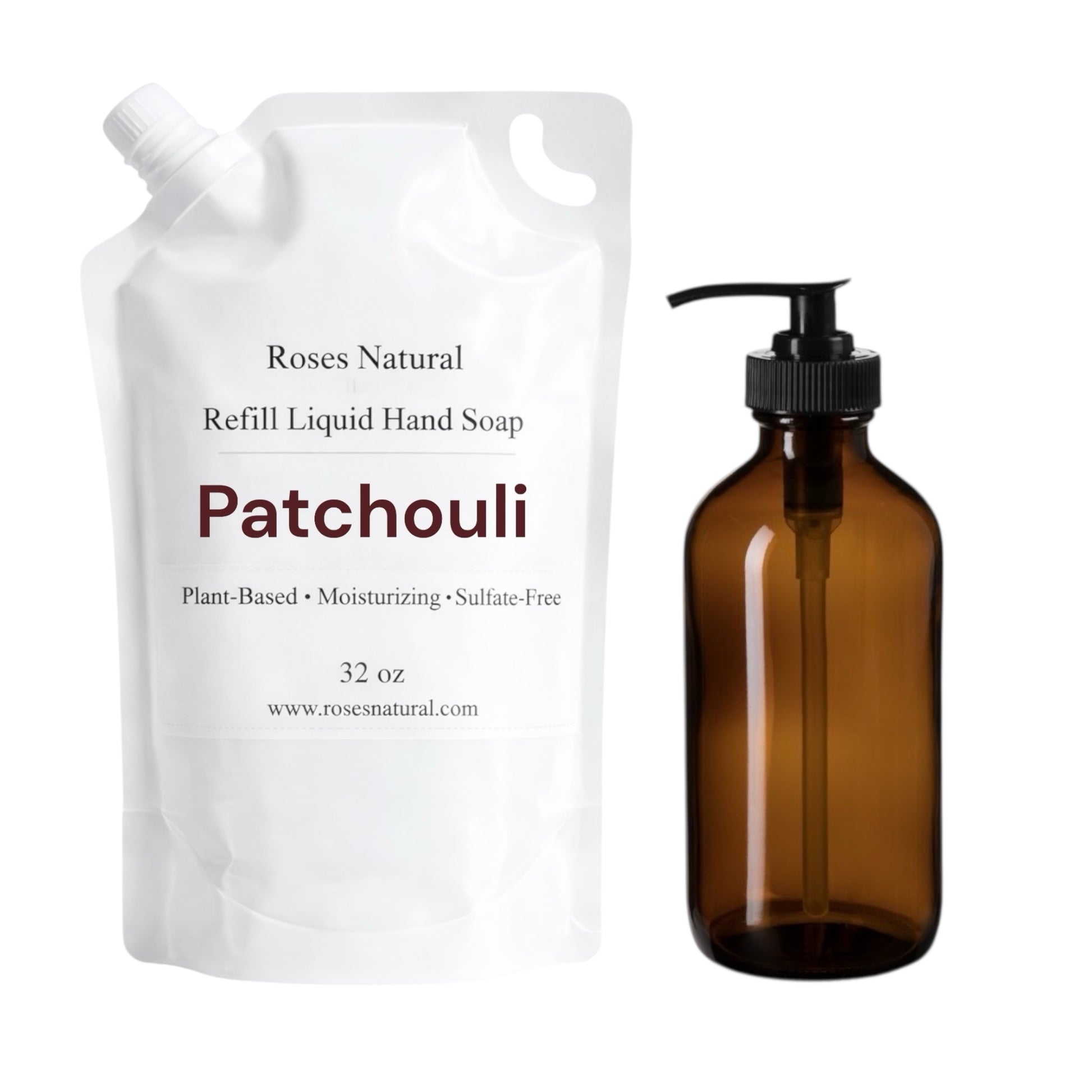 Patchouli refill liquid hand soap packaging with brown bottle and white pouch on a white background