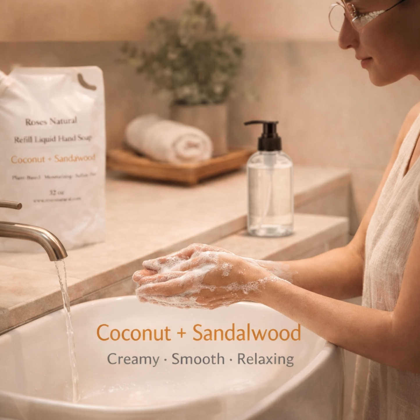 Woman washing hands with soap in a sink, with 'Coconut + Sandalwood' product packaging in the background.
