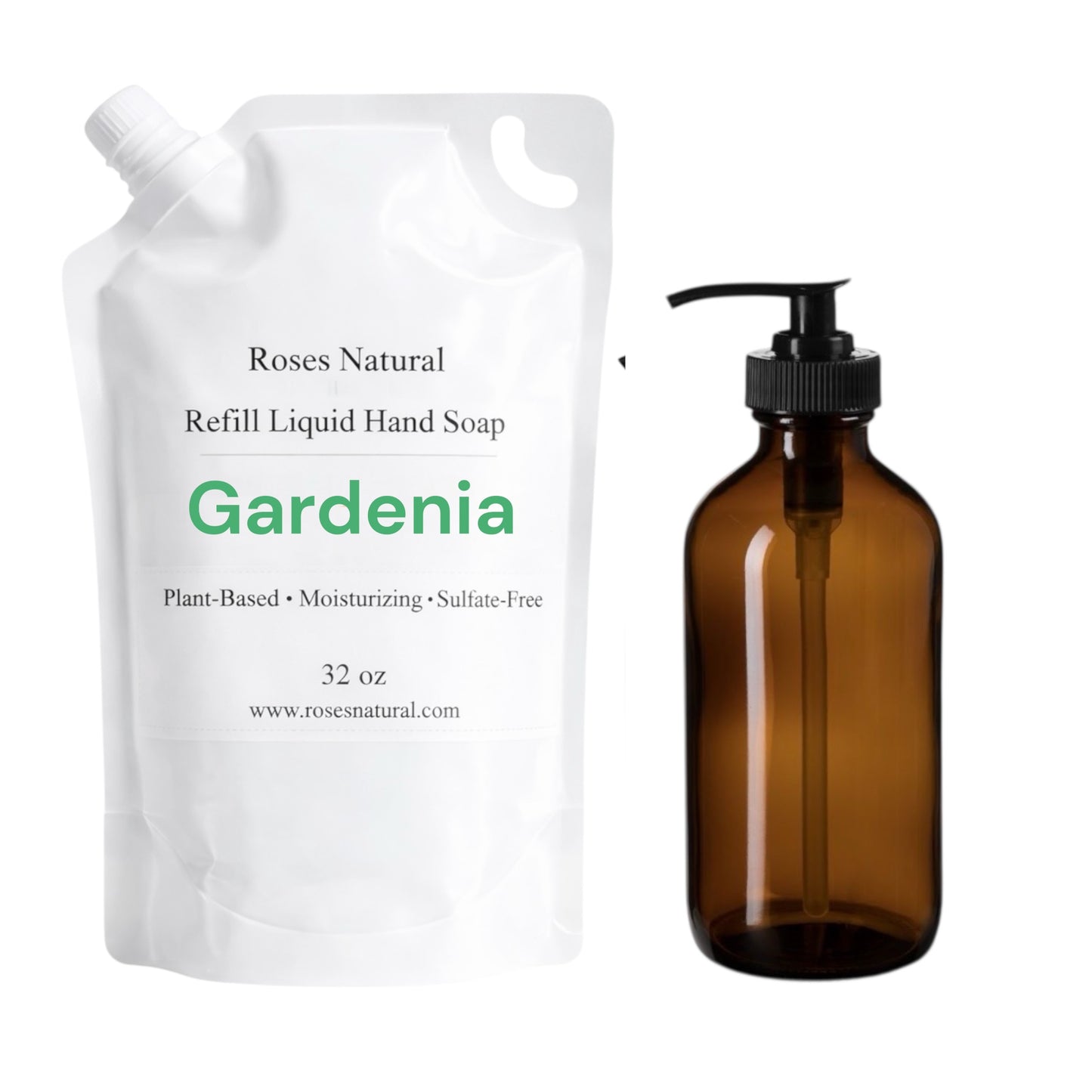 Brown refillable liquid hand soap bottle with white packaging labeled 'Roses Natural' on a white background. Gardenia scent